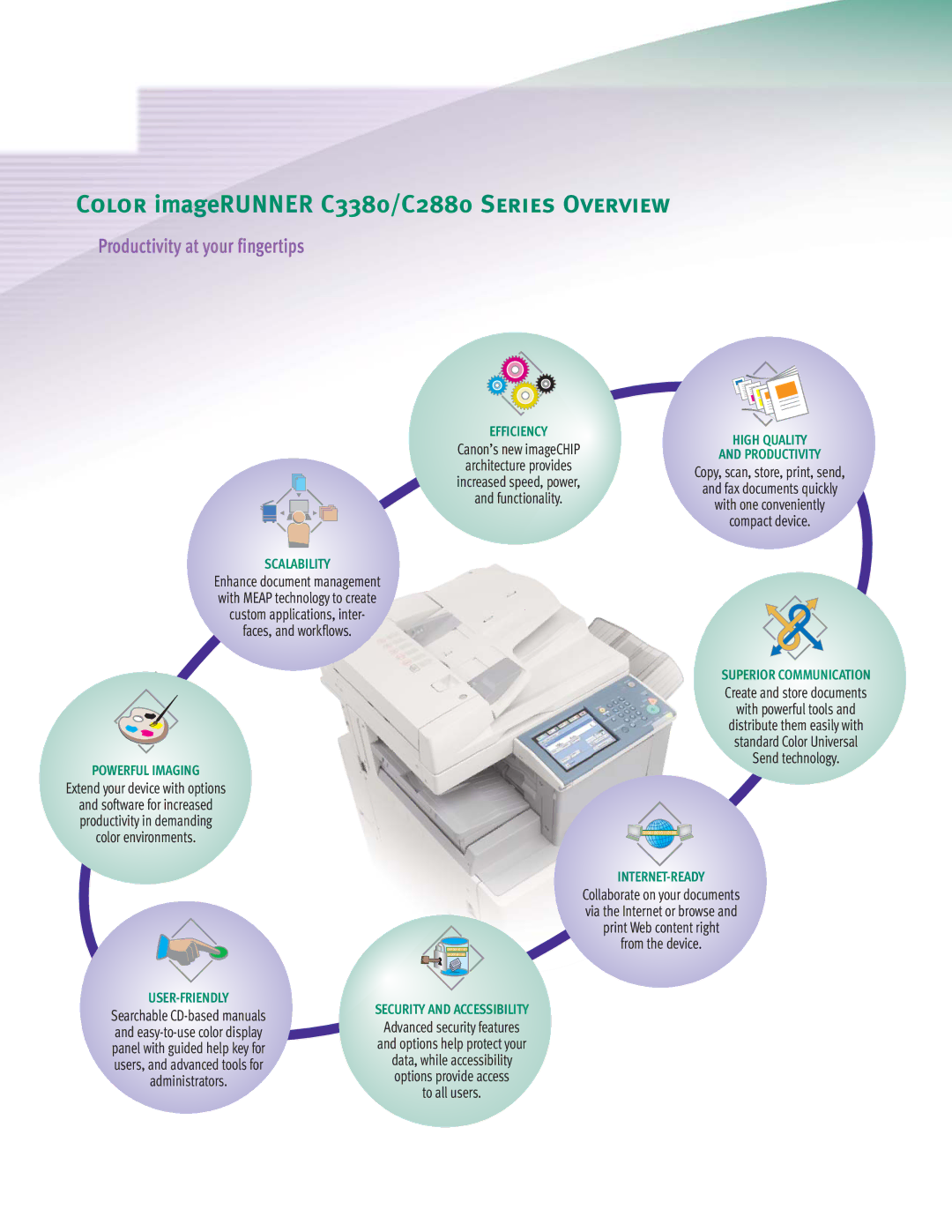 Canon C3380 Series manual Color imageRUNNER C3380/C2880 Series Overview, Productivity at your fingertips 