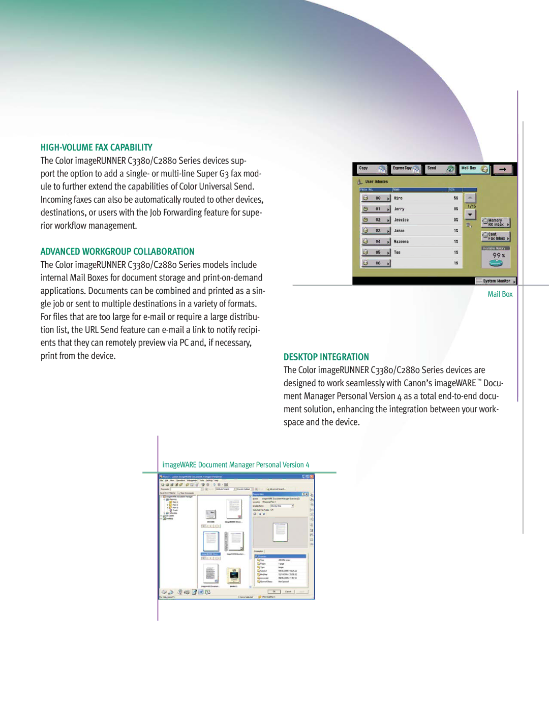 Canon C3380 Series manual HIGH-VOLUME FAX Capability, Advanced Workgroup Collaboration, Desktop Integration 