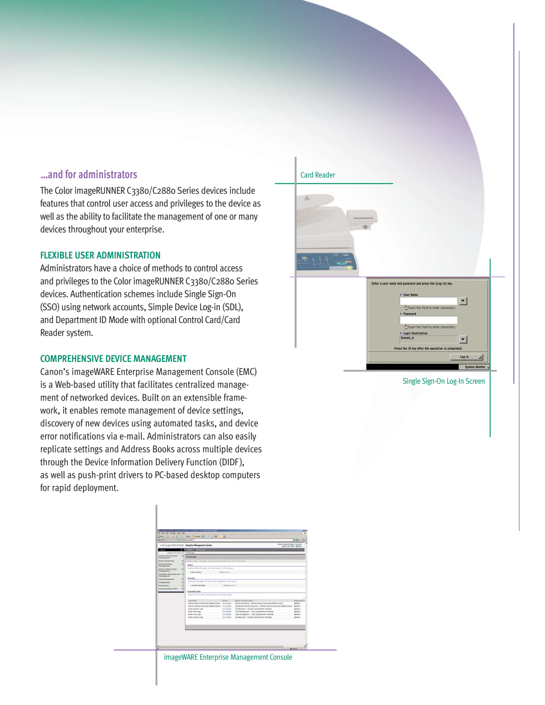 Canon C3380 Series manual …and for administrators, Flexible User Administration, Comprehensive Device Management 