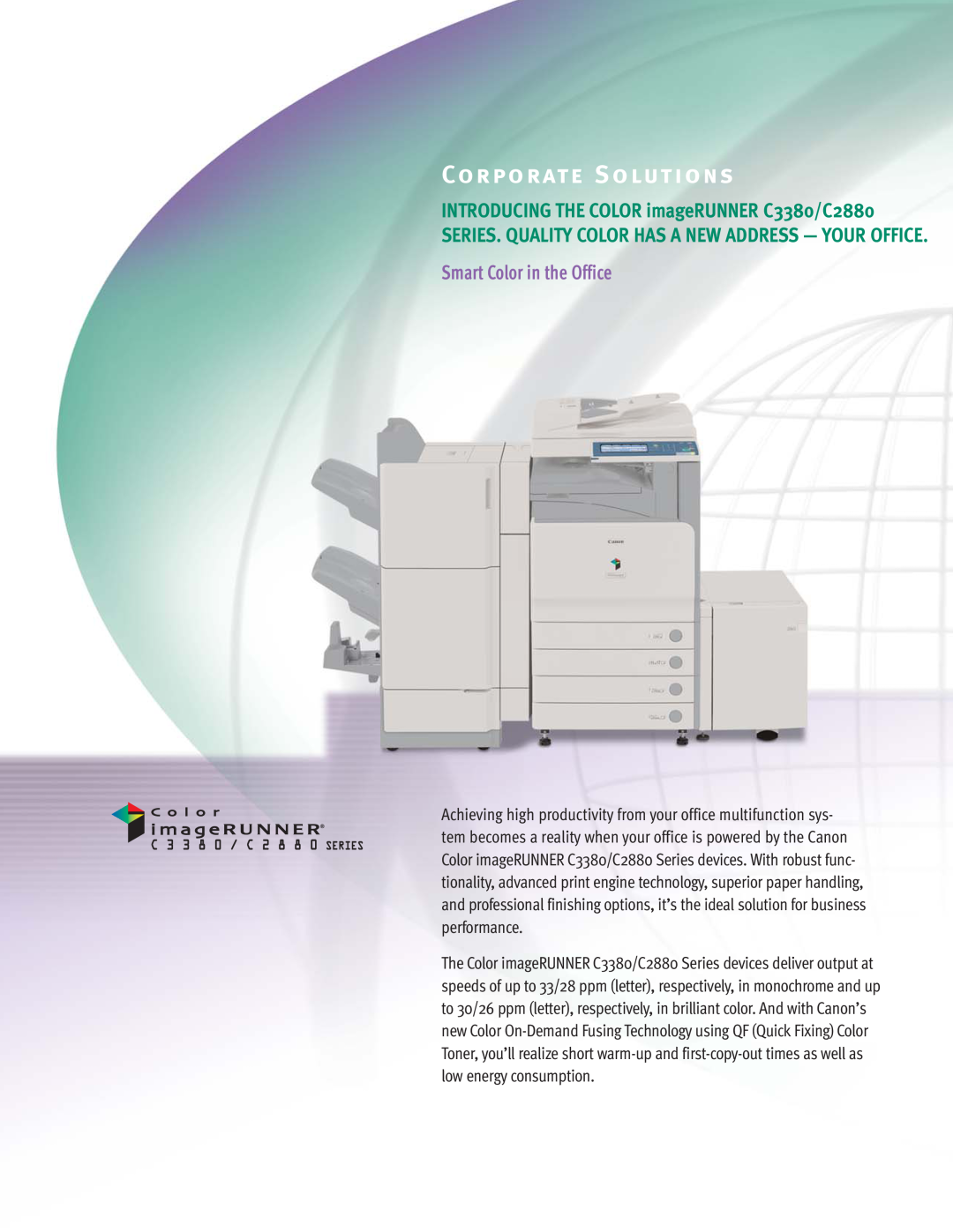 Canon C3380 Series manual Corporate Solutions, Smart Color in the Office, INTRODUCING THE COLOR imageRUNNER C3380/C2880 