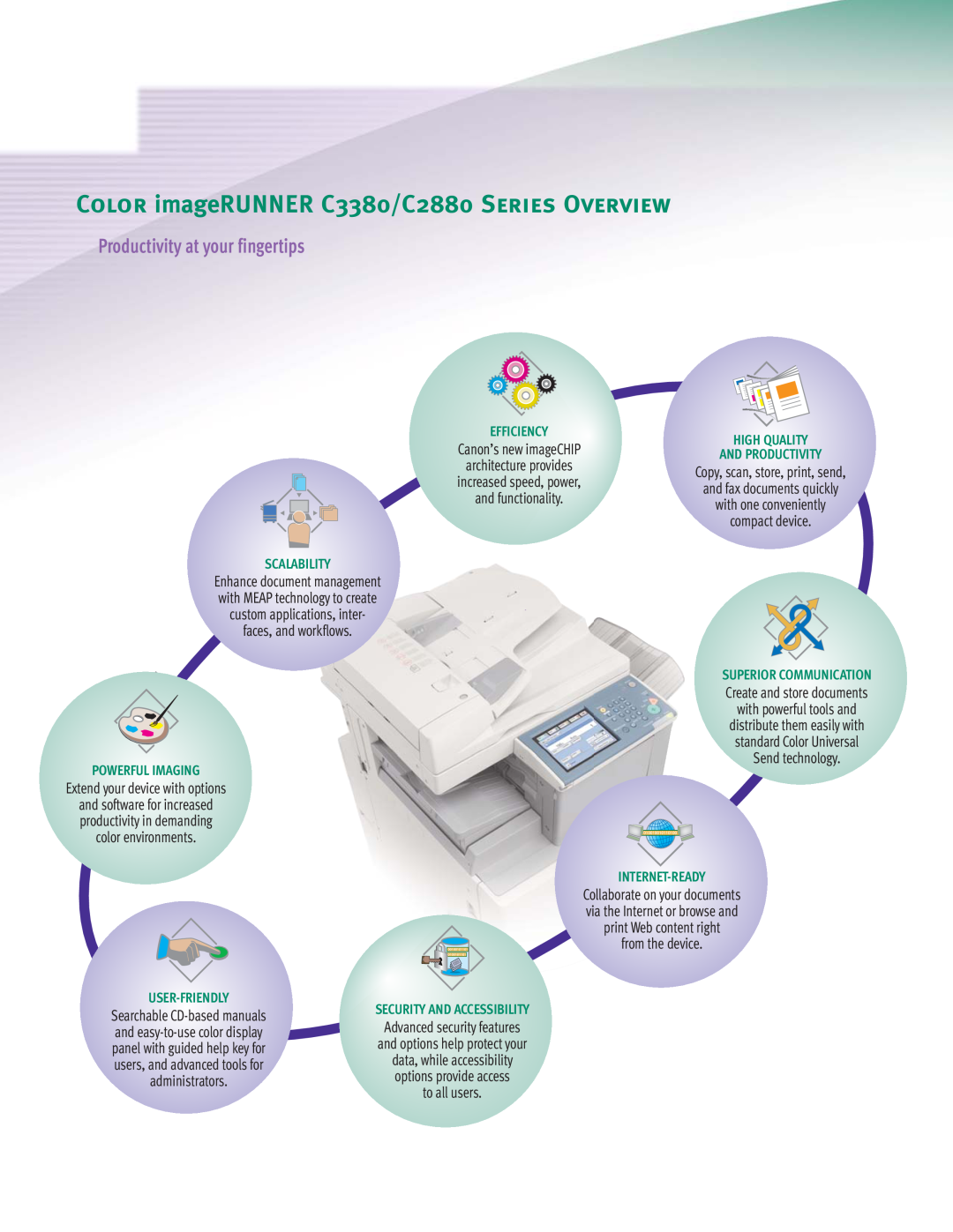 Canon C3380 Series manual Color imageRUNNER C3380/C2880 Series Overview, Productivity at your fingertips, Scalability 
