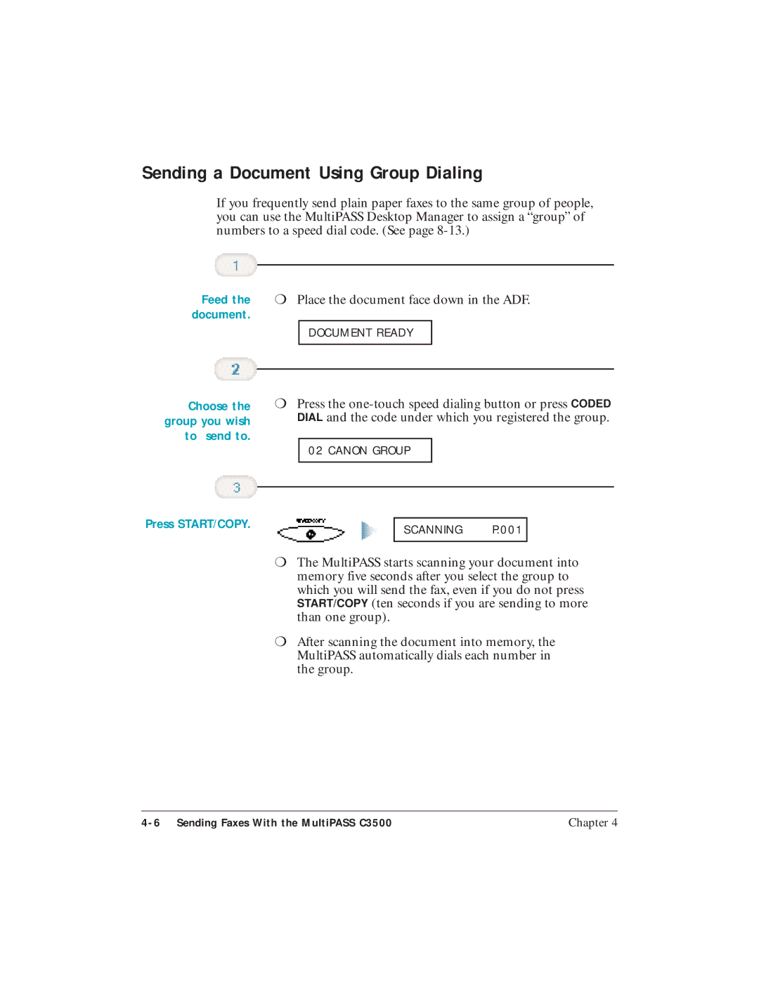 Canon C3500 user manual Sending a Document Using Group Dialing, Feed 