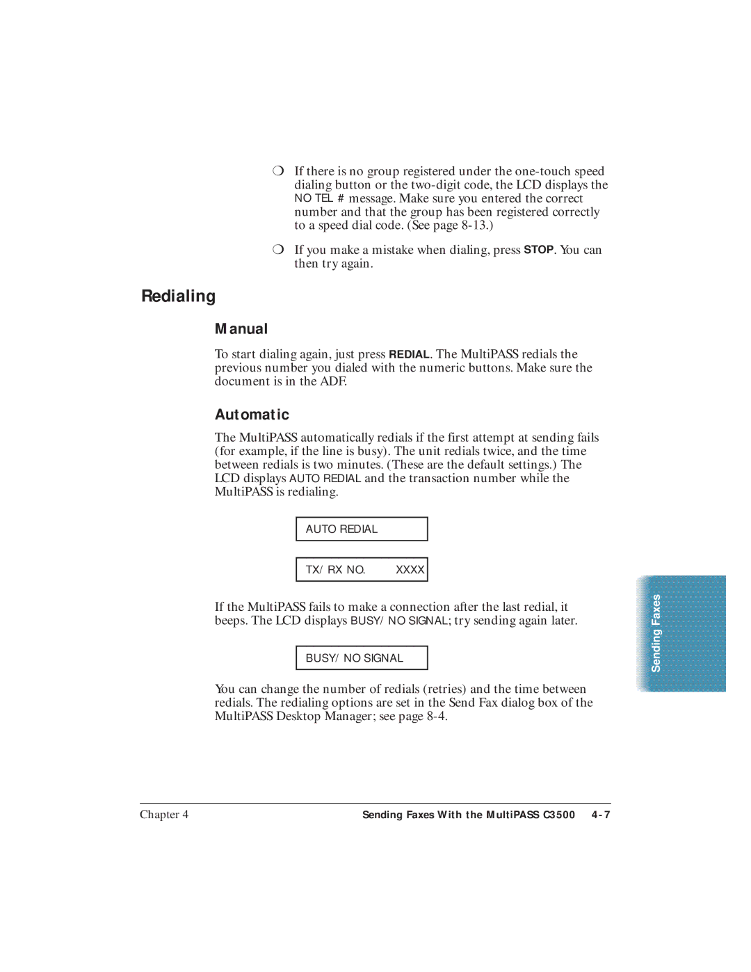 Canon C3500 user manual Redialing, Manual, Automatic 