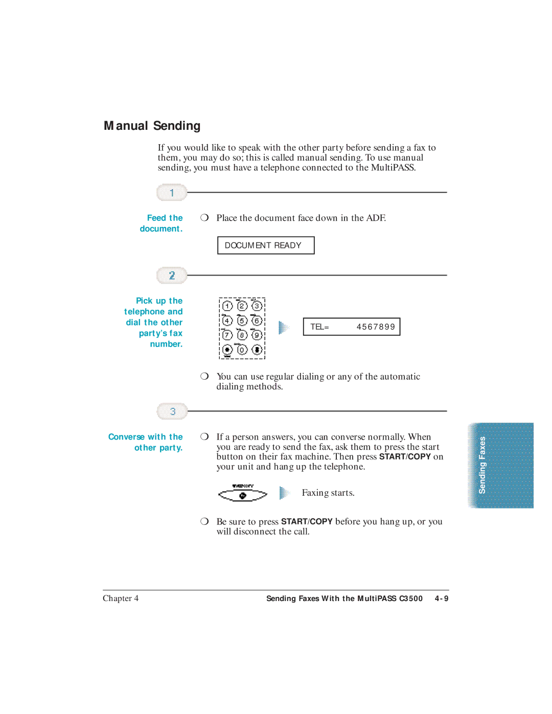 Canon C3500 user manual Manual Sending, Pick up the telephone and dial the other party’s fax number, Other party 