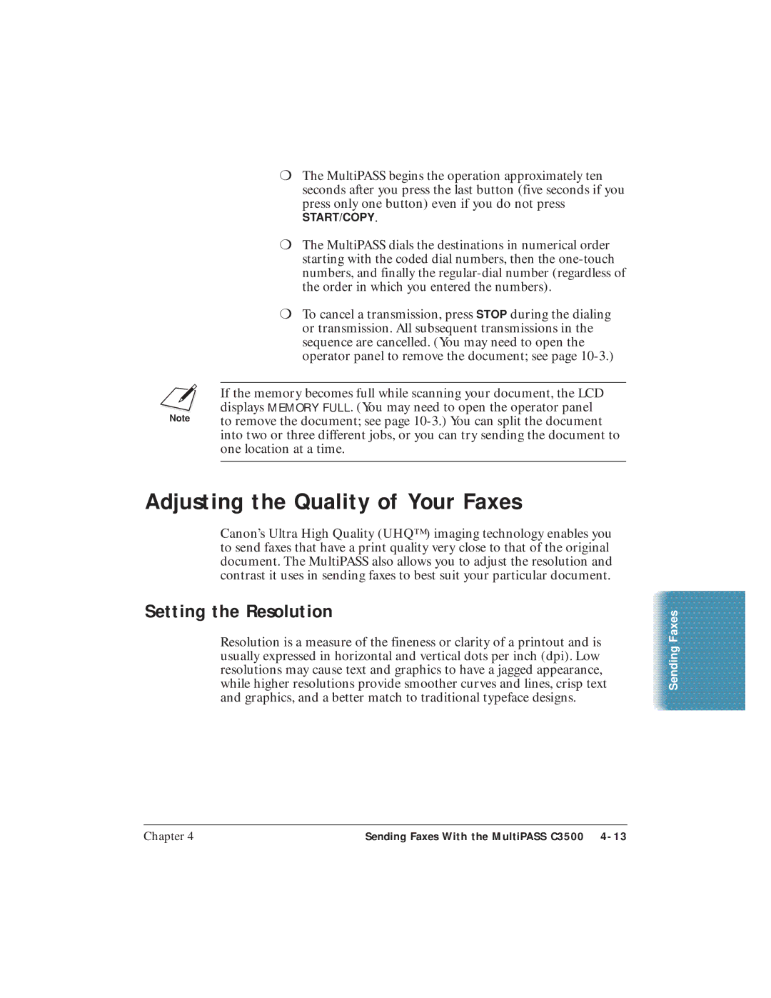 Canon C3500 user manual Adjusting the Quality of Your Faxes, Setting the Resolution 