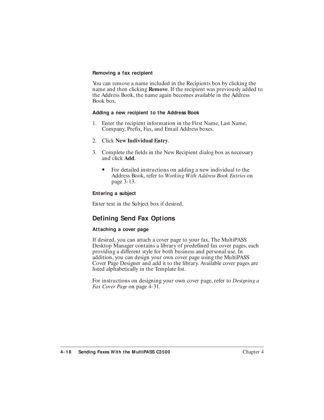 Canon C3500 user manual Defining Send Fax Options, Removing a fax recipient, Adding a new recipient to the Address Book 