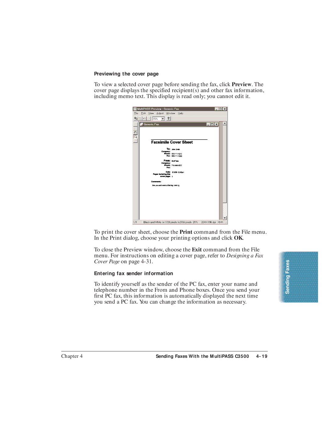 Canon C3500 user manual Previewing the cover, Entering fax sender information 