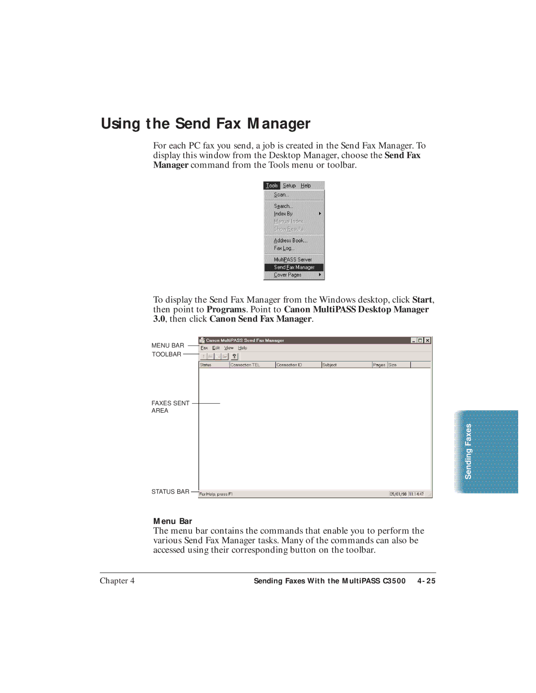 Canon C3500 user manual Using the Send Fax Manager, Menu Bar 