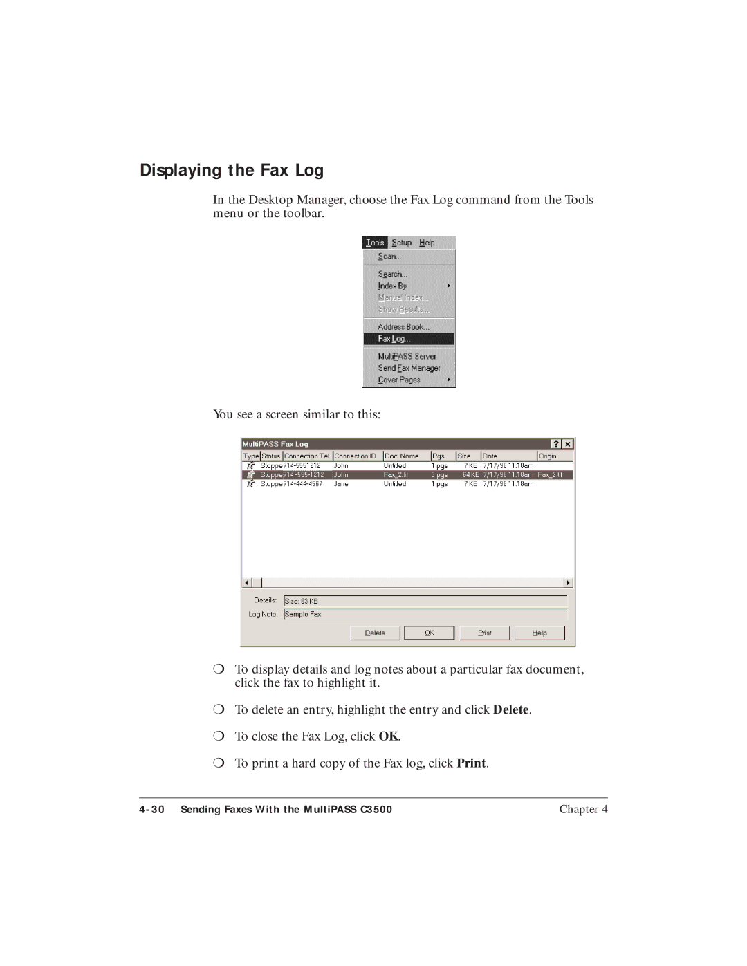 Canon C3500 user manual Displaying the Fax Log 