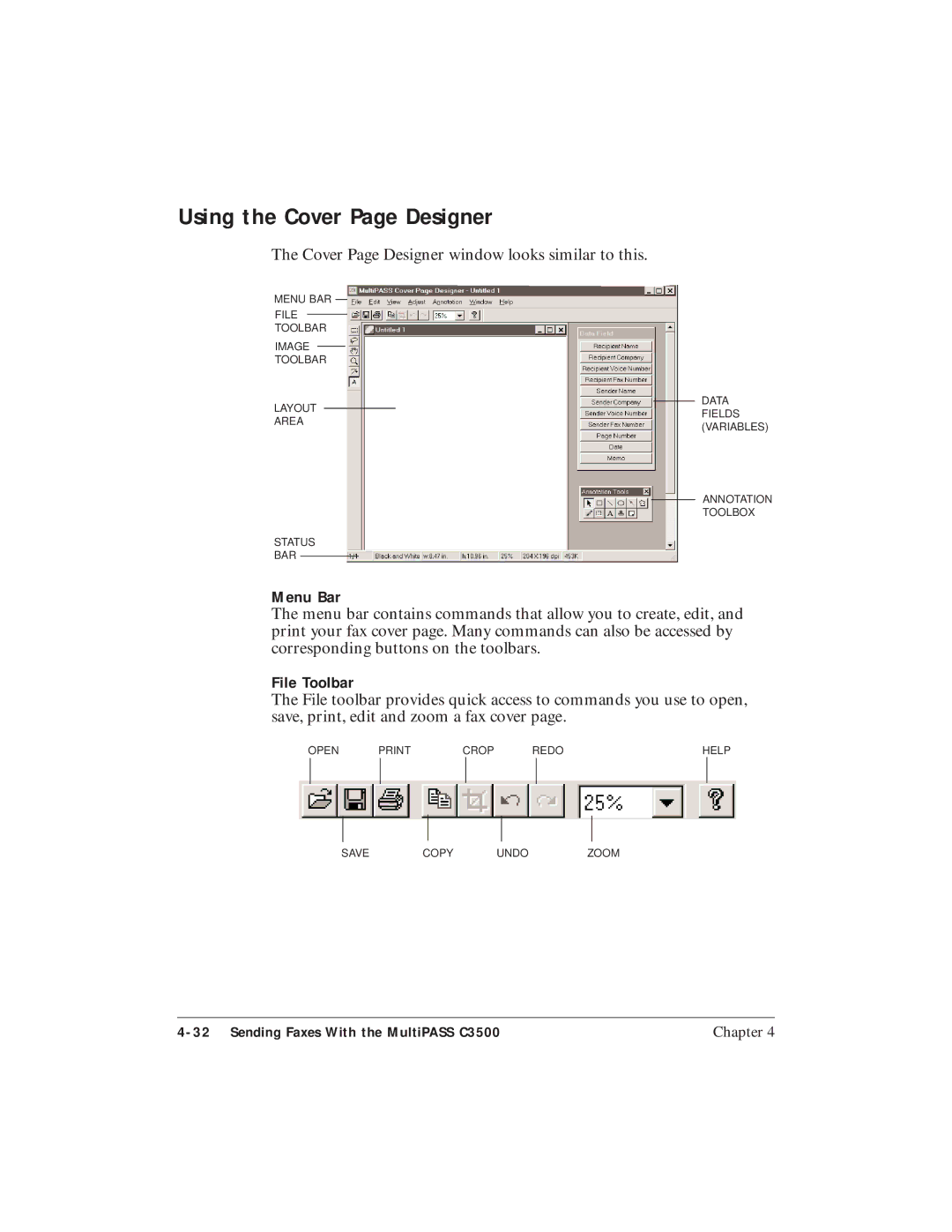 Canon C3500 user manual Using the Cover Page Designer, File Toolbar 