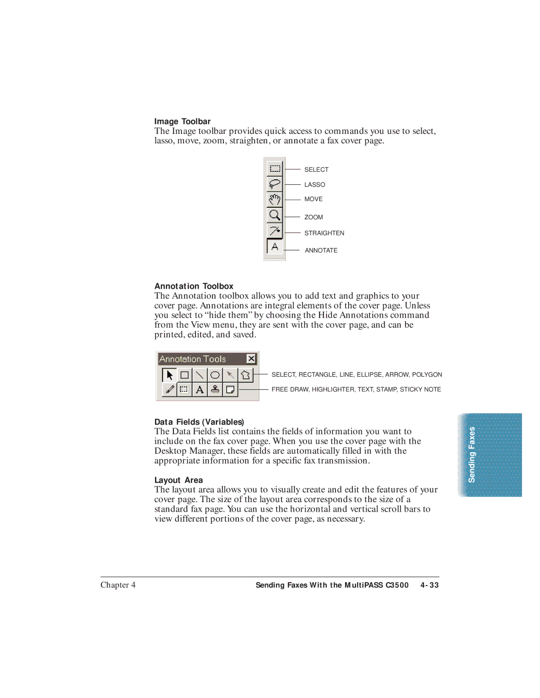 Canon C3500 user manual Image Toolbar, Annotation Toolbox, Data Fields Variables, Layout Area 