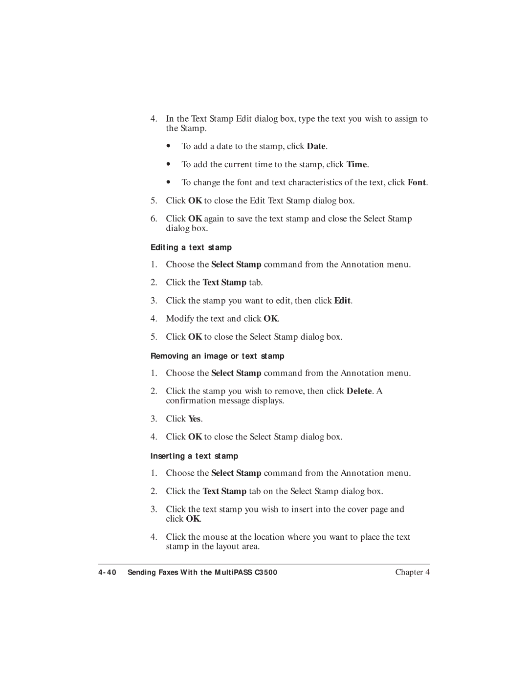 Canon C3500 user manual Editing a text stamp, Removing an image or text stamp, Inserting a text stamp 