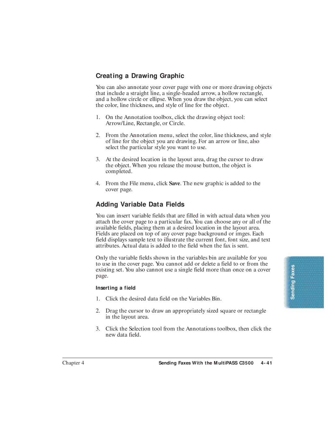 Canon C3500 user manual Creating a Drawing Graphic, Adding Variable Data Fields, Inserting a field 