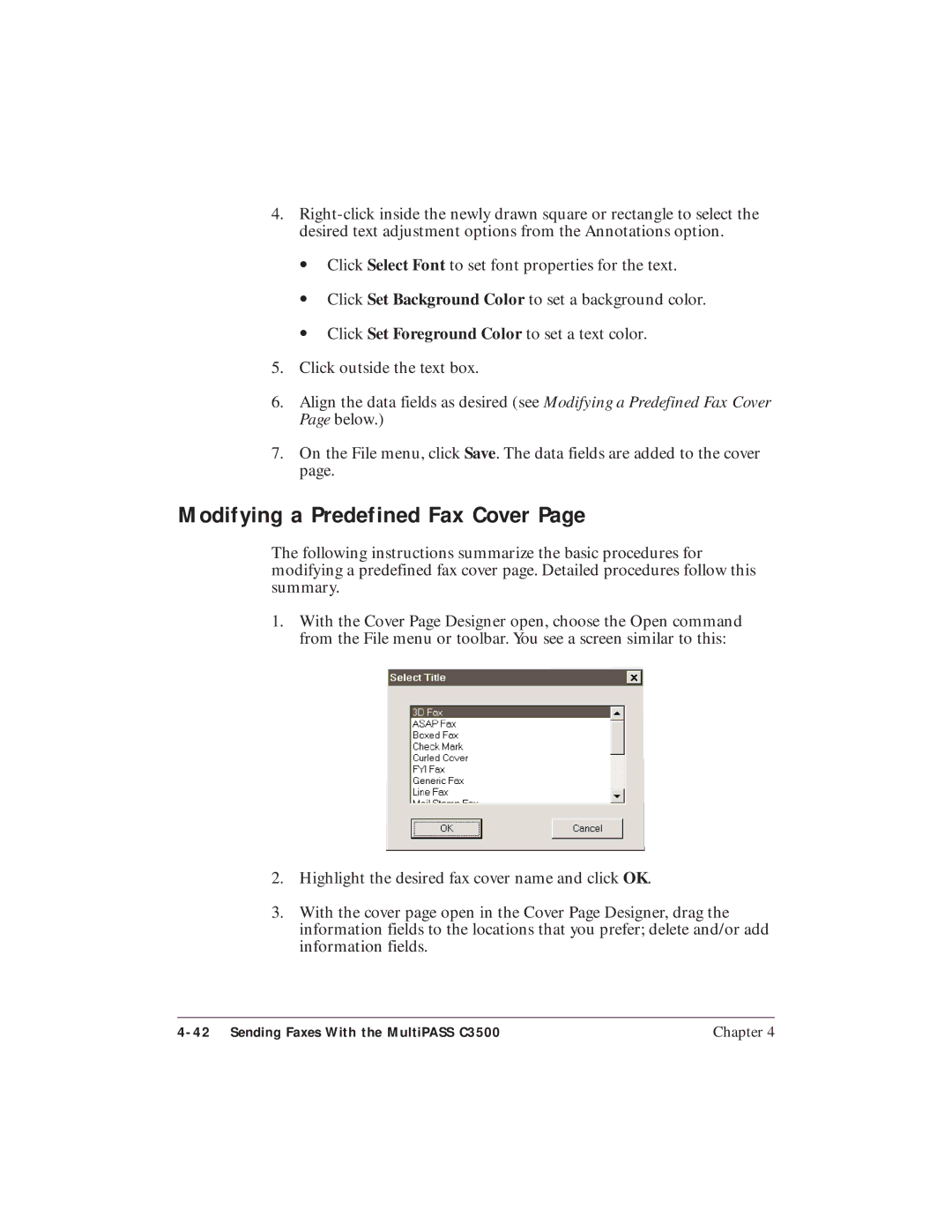 Canon C3500 user manual Modifying a Predefined Fax Cover 