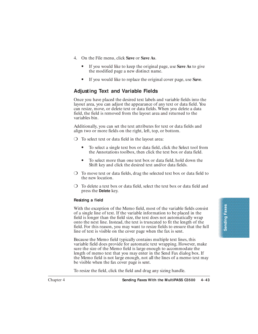 Canon C3500 user manual Adjusting Text and Variable Fields, Resizing a field 