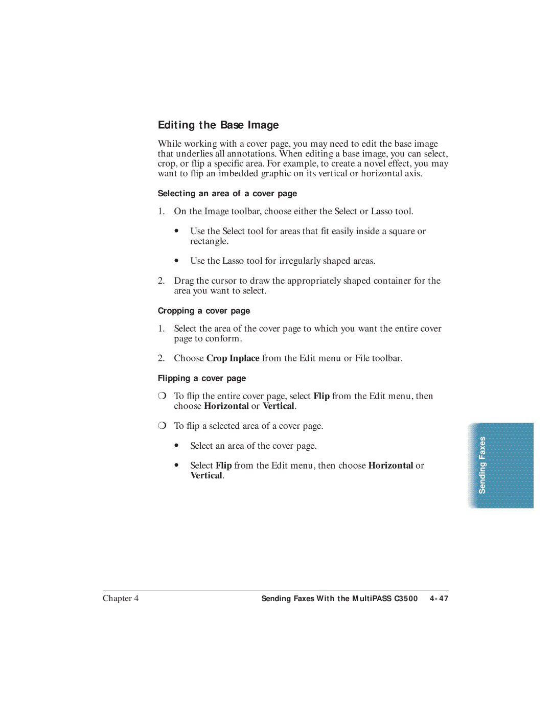 Canon C3500 user manual Editing the Base Image, Selecting an area of a cover, Cropping a cover, Flipping a cover 