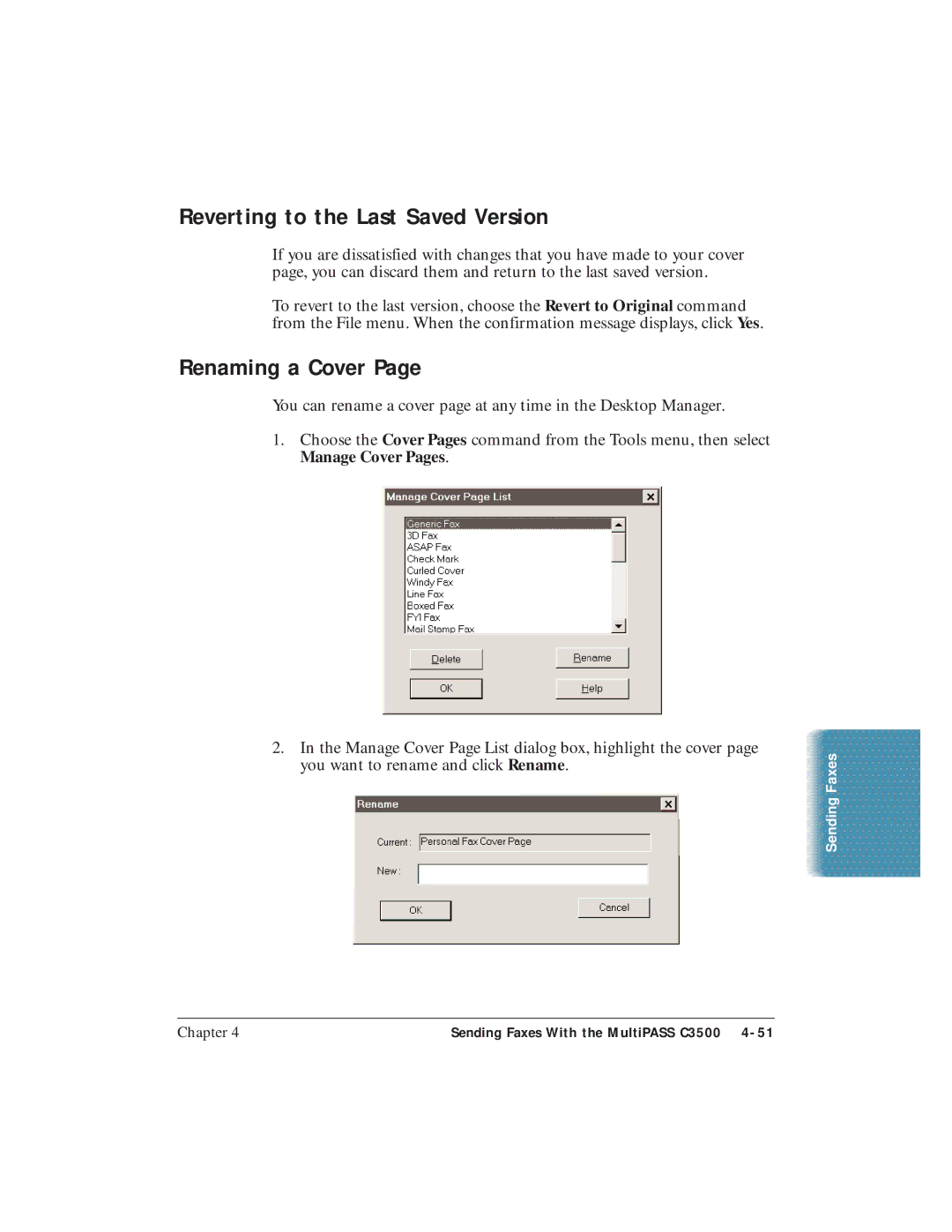 Canon C3500 user manual Reverting to the Last Saved Version, Renaming a Cover 