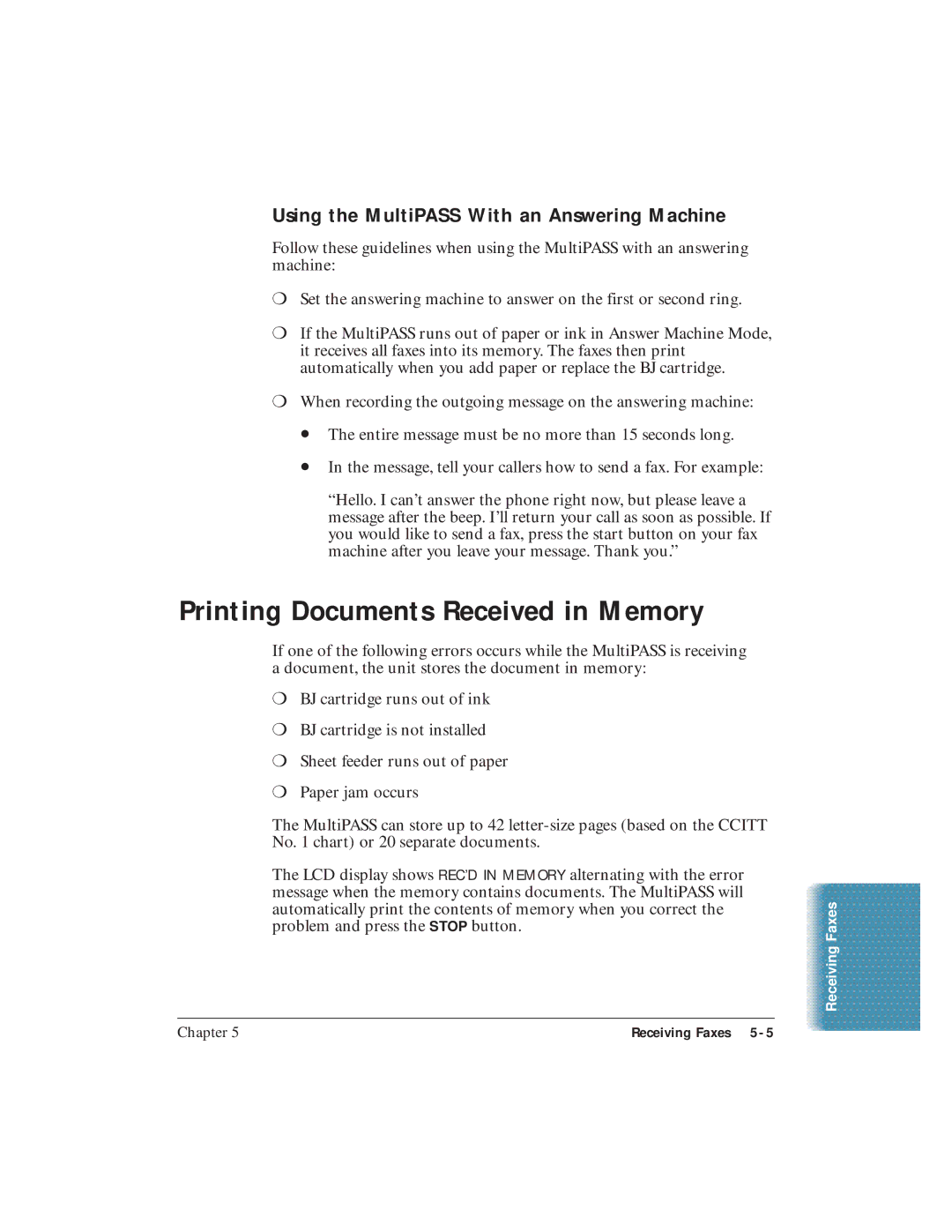 Canon C3500 user manual Printing Documents Received in Memory, Using the MultiPASS With an Answering Machine 