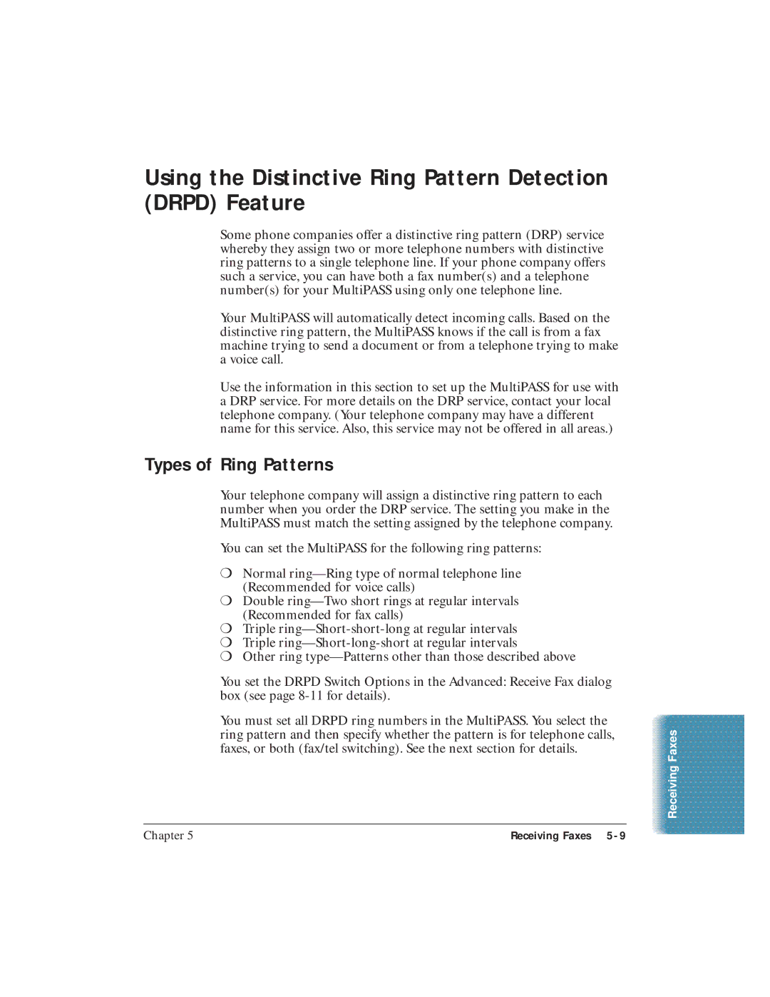 Canon C3500 user manual Using the Distinctive Ring Pattern Detection Drpd Feature, Types of Ring Patterns 