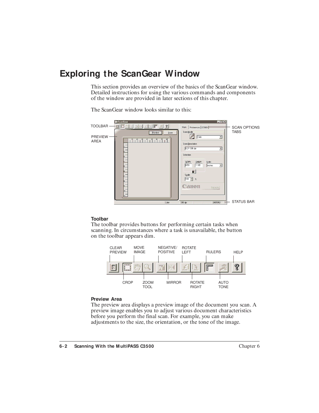 Canon C3500 user manual Exploring the ScanGear Window, Preview Area 