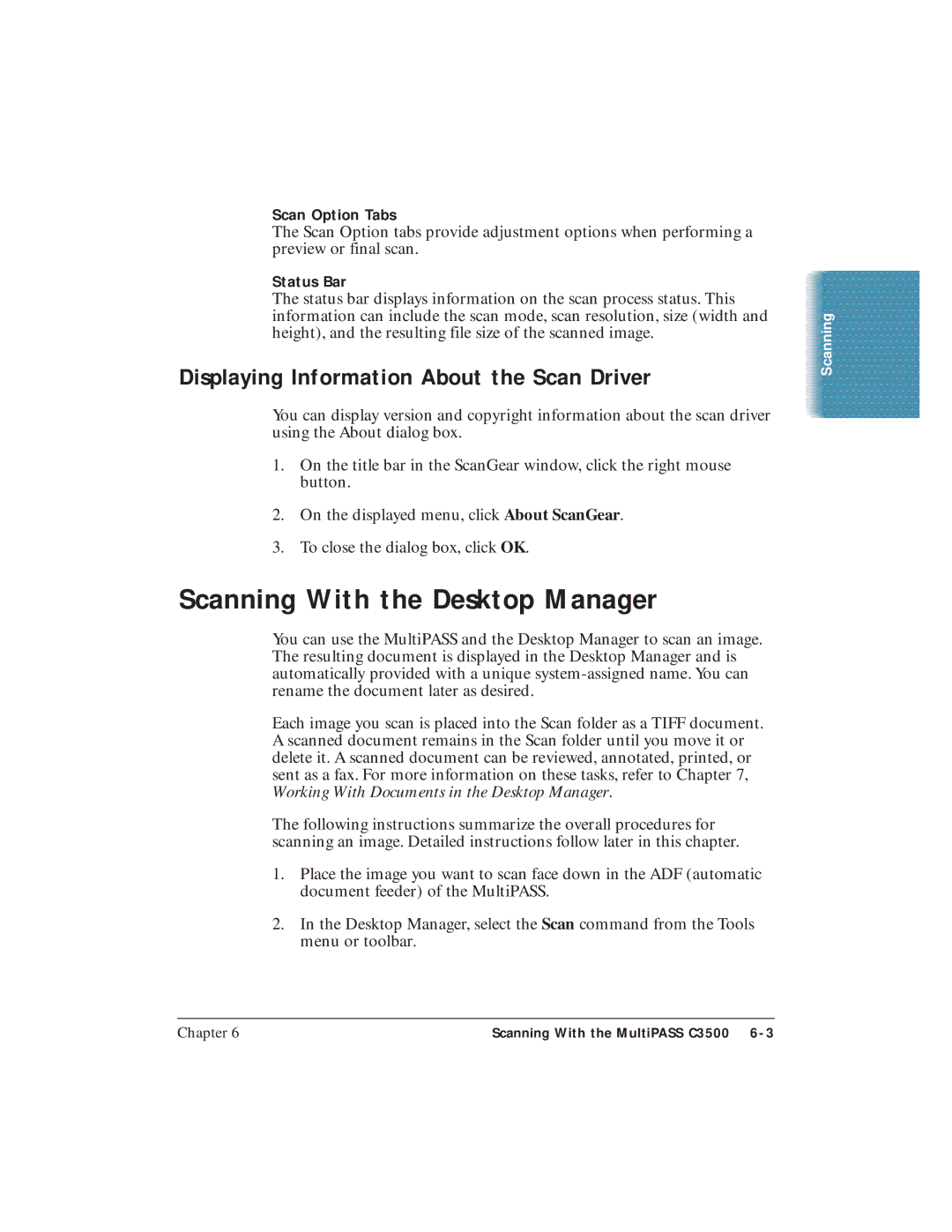 Canon C3500 user manual Scanning With the Desktop Manager, Displaying Information About the Scan Driver, Scan Option Tabs 