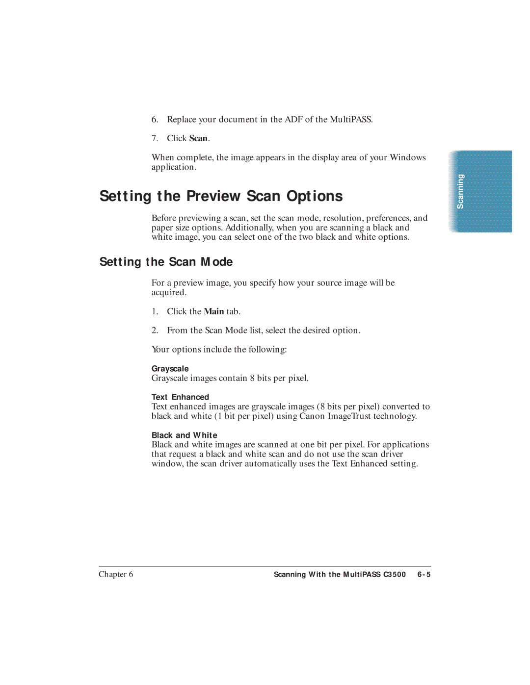 Canon C3500 user manual Setting the Preview Scan Options, Setting the Scan Mode, Grayscale, Text Enhanced, Black and White 