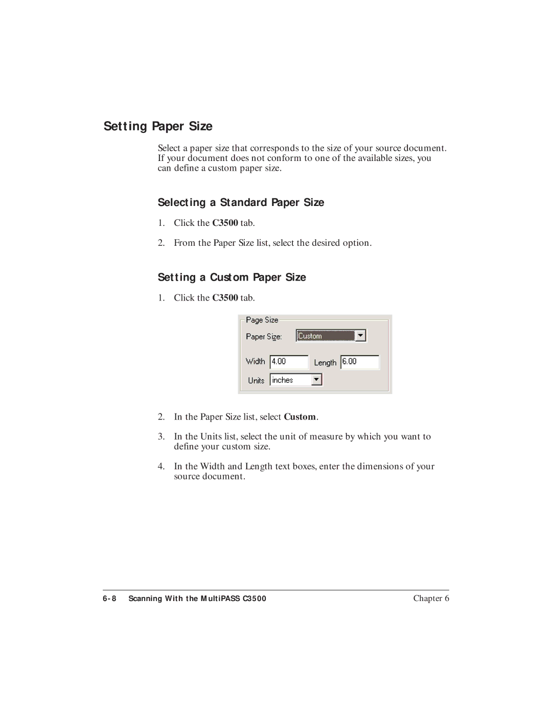 Canon C3500 user manual Setting Paper Size, Selecting a Standard Paper Size, Setting a Custom Paper Size 