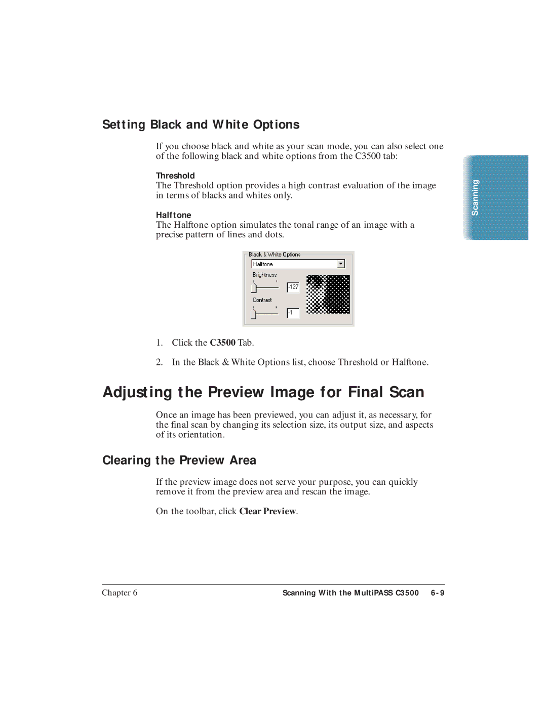 Canon C3500 user manual Setting Black and White Options, Clearing the Preview Area, Threshold, Halftone 