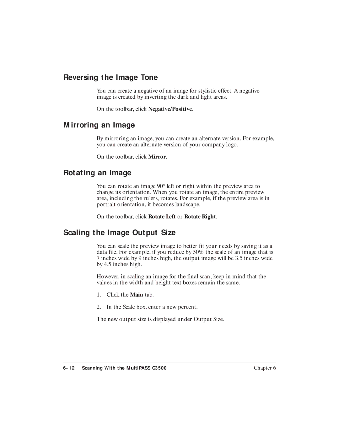 Canon C3500 user manual Reversing the Image Tone, Mirroring an Image, Rotating an Image, Scaling the Image Output Size 