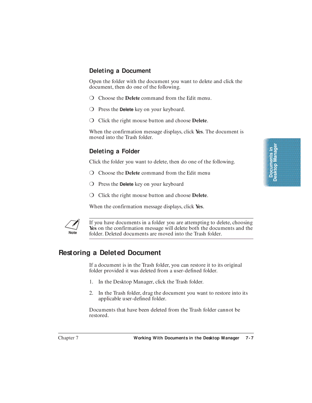 Canon C3500 user manual Restoring a Deleted Document, Deleting a Document, Deleting a Folder 