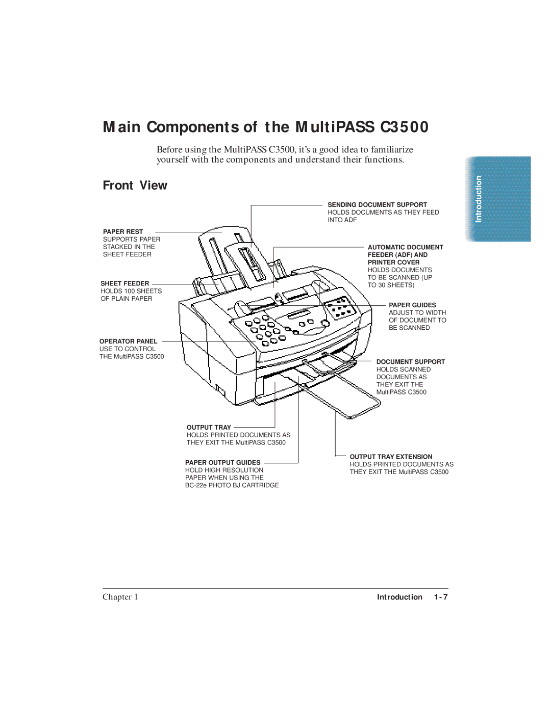 Canon user manual Main Components of the MultiPASS C3500, Front View 