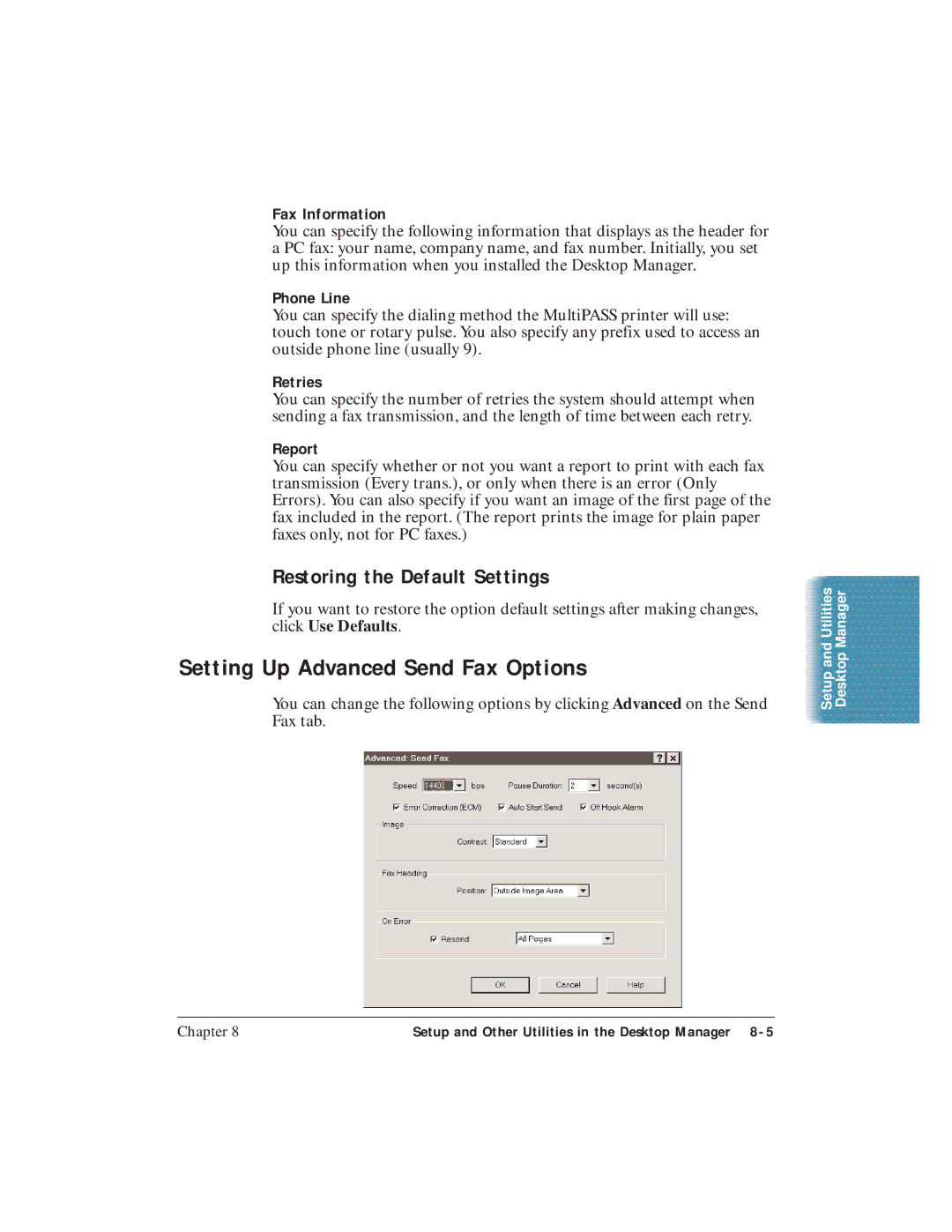 Canon C3500 user manual Setting Up Advanced Send Fax Options, Restoring the Default Settings 