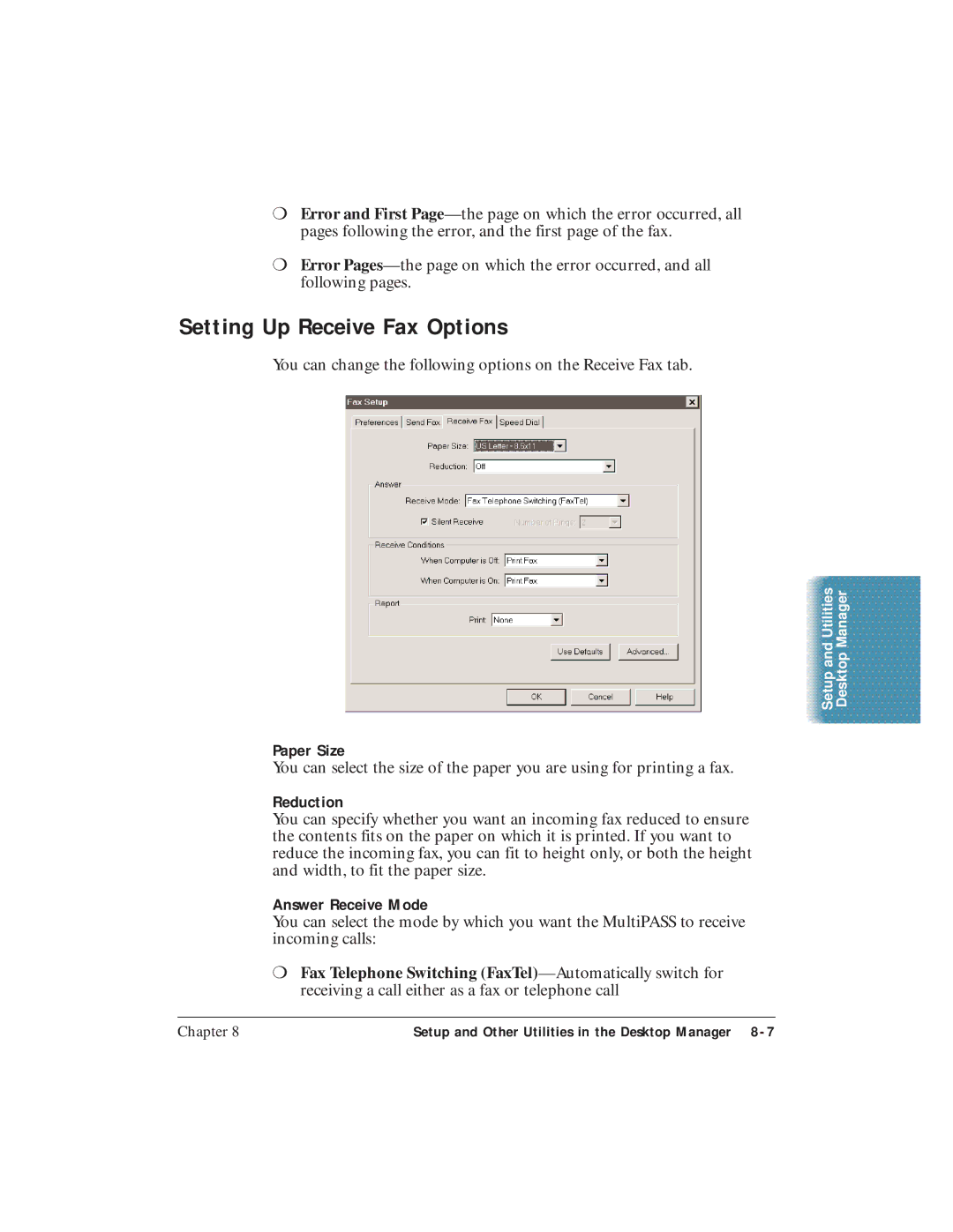 Canon C3500 user manual Setting Up Receive Fax Options, Paper Size, Reduction, Answer Receive Mode 