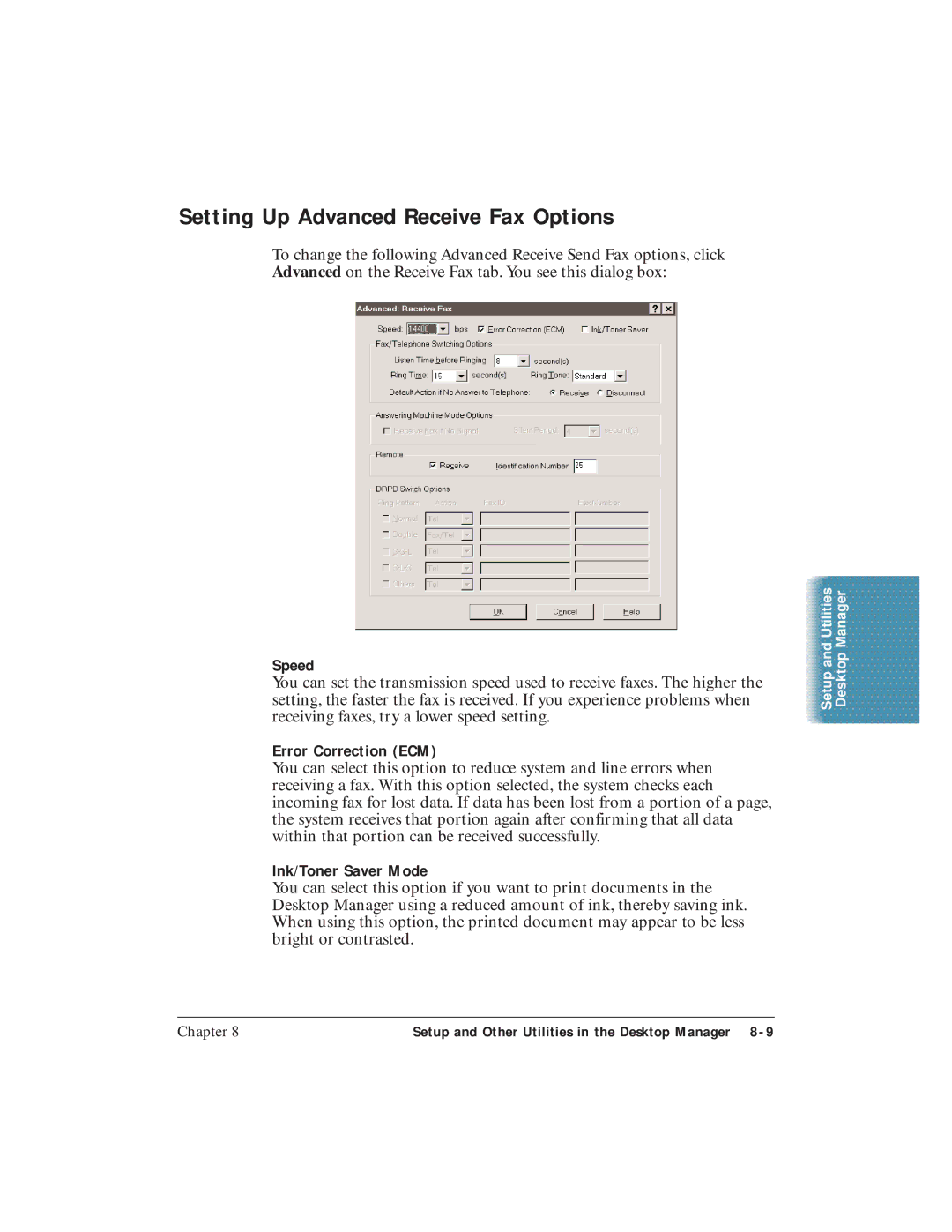 Canon C3500 user manual Setting Up Advanced Receive Fax Options, Ink/Toner Saver Mode 