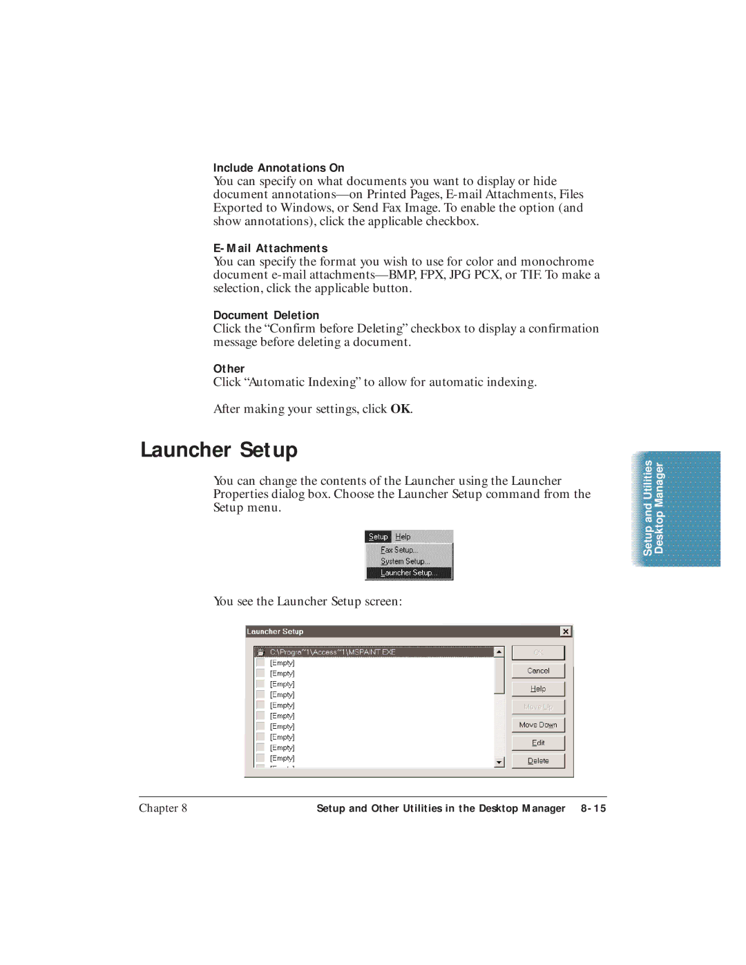 Canon C3500 user manual Launcher Setup, Include Annotations On, Mail Attachments, Document Deletion, Other 