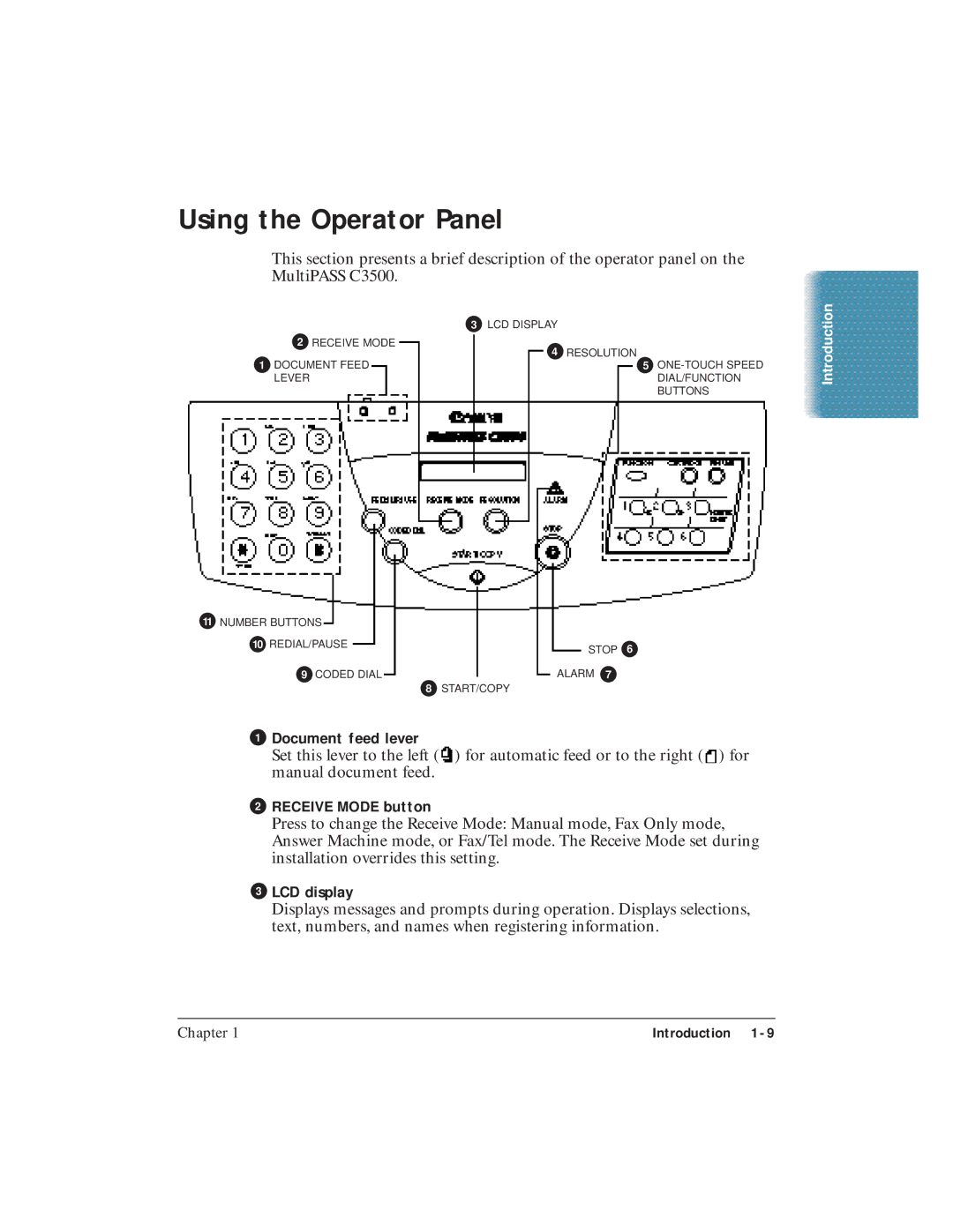 Canon C3500 user manual Using the Operator Panel, Document feed lever, LCD display 