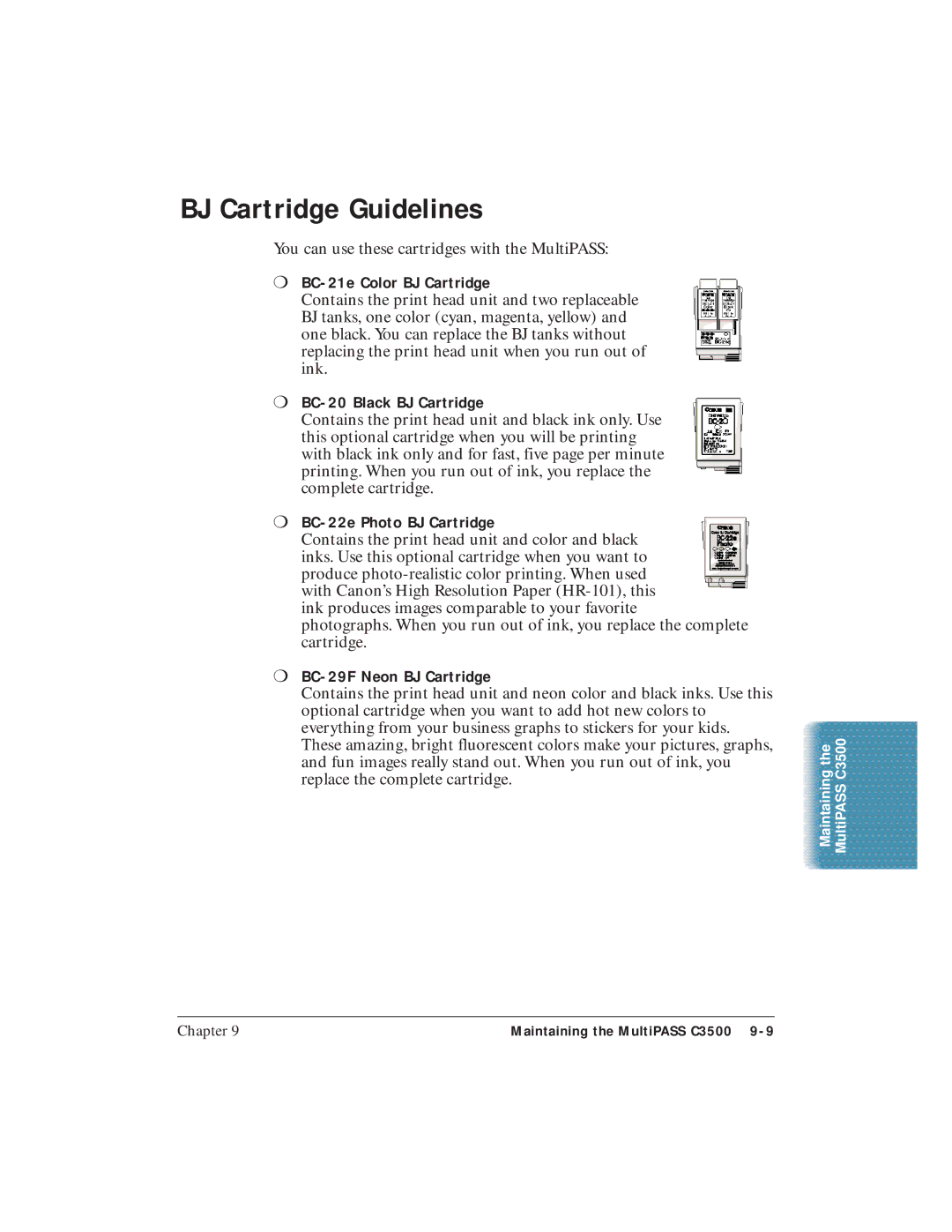 Canon C3500 BJ Cartridge Guidelines, BC-21e Color BJ Cartridge, BC-20 Black BJ Cartridge, BC-22e Photo BJ Cartridge 