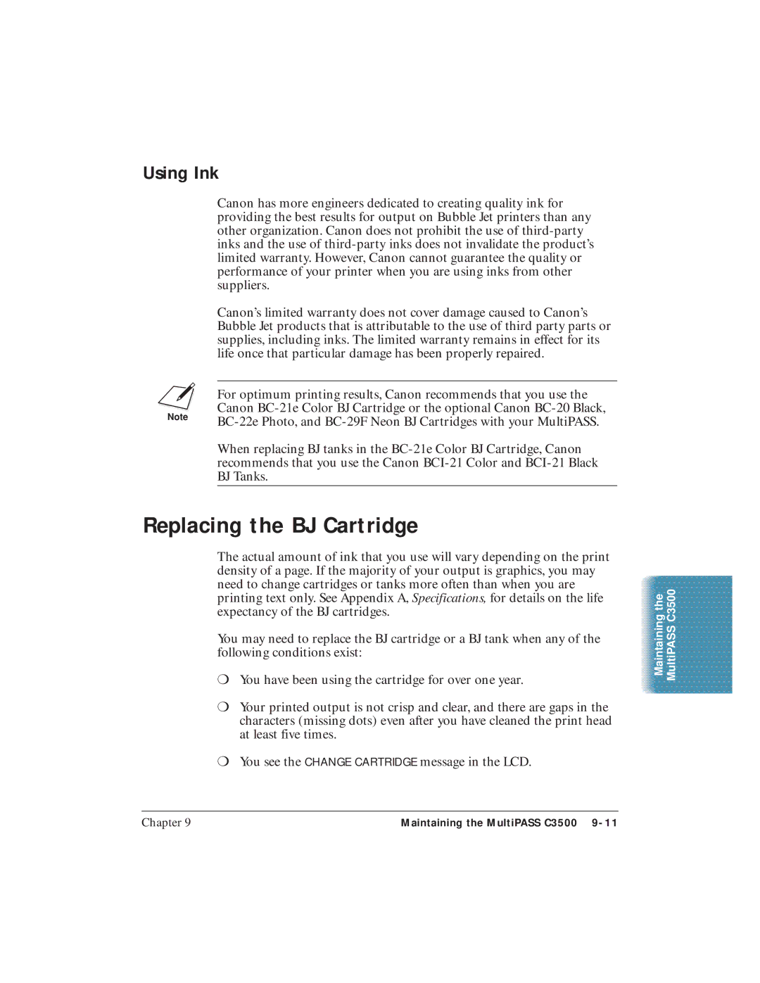 Canon C3500 user manual Replacing the BJ Cartridge, Using Ink 