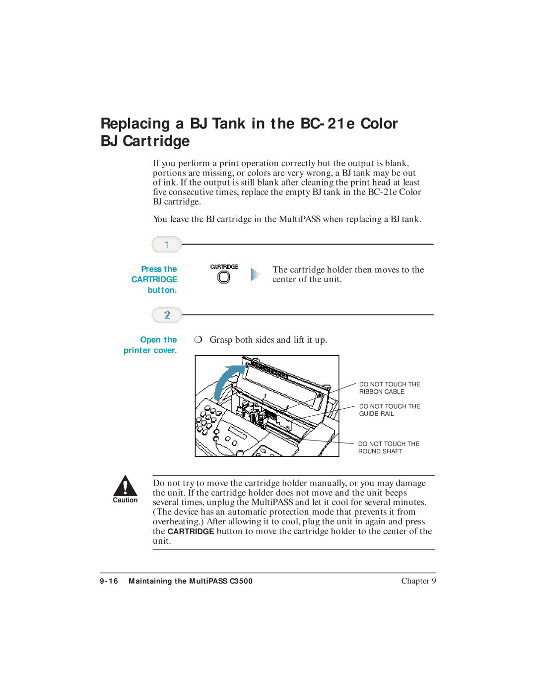 Canon C3500 user manual Replacing a BJ Tank in the BC-21e Color BJ Cartridge, Button Open 