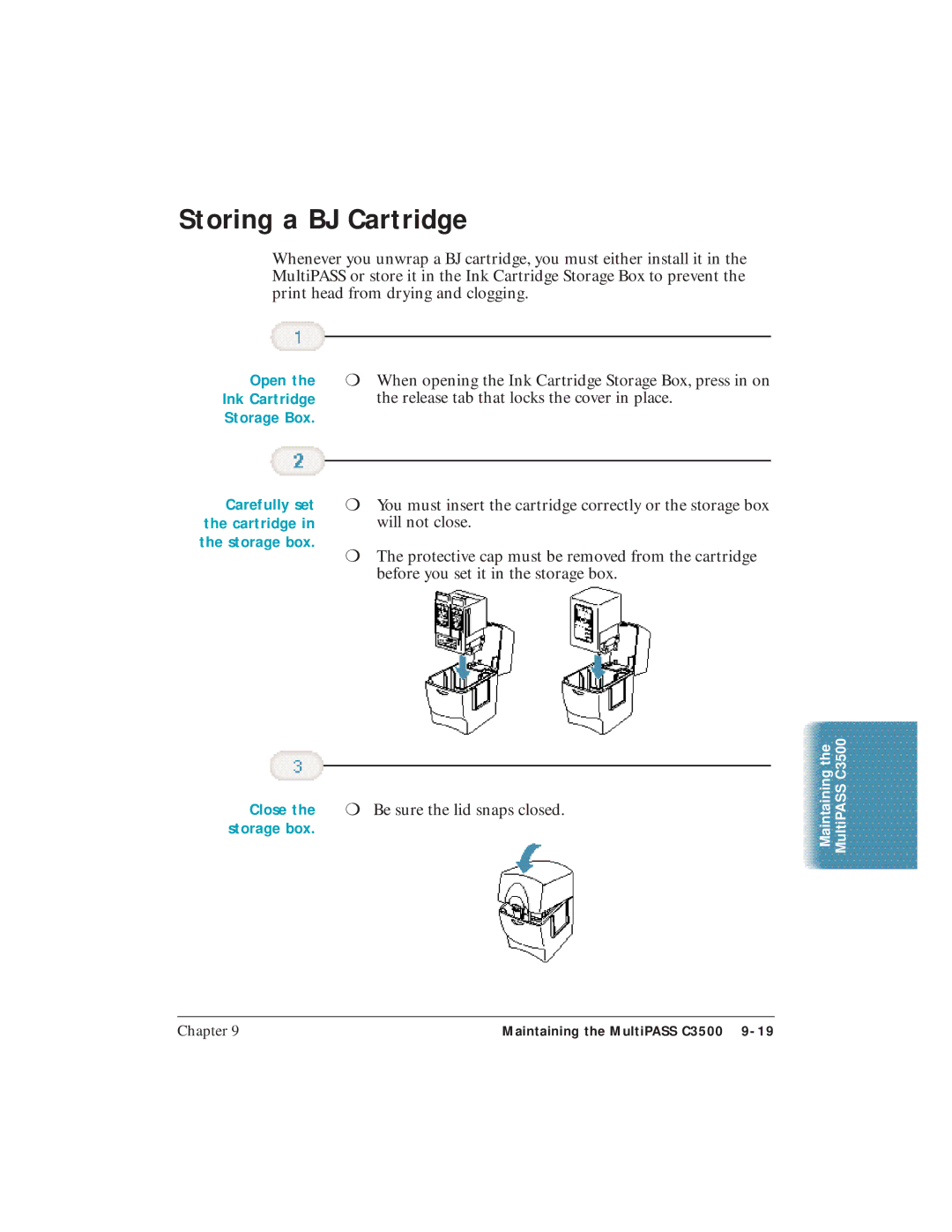 Canon C3500 user manual Storing a BJ Cartridge, Open Ink Cartridge Storage Box, Close 