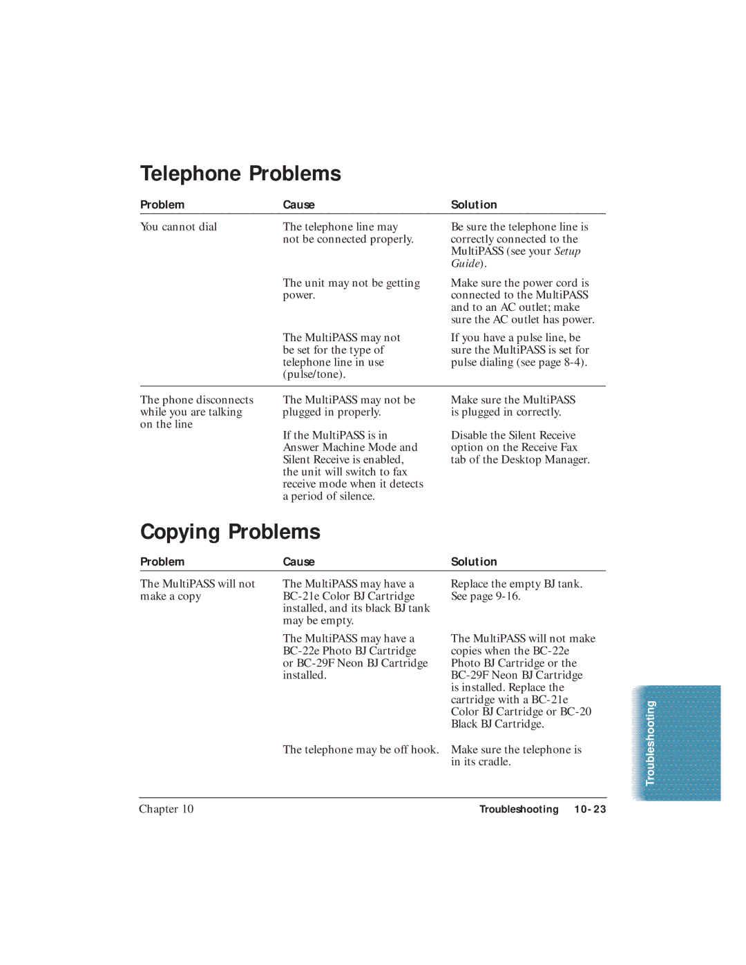 Canon C3500 user manual Telephone Problems, Copying Problems 