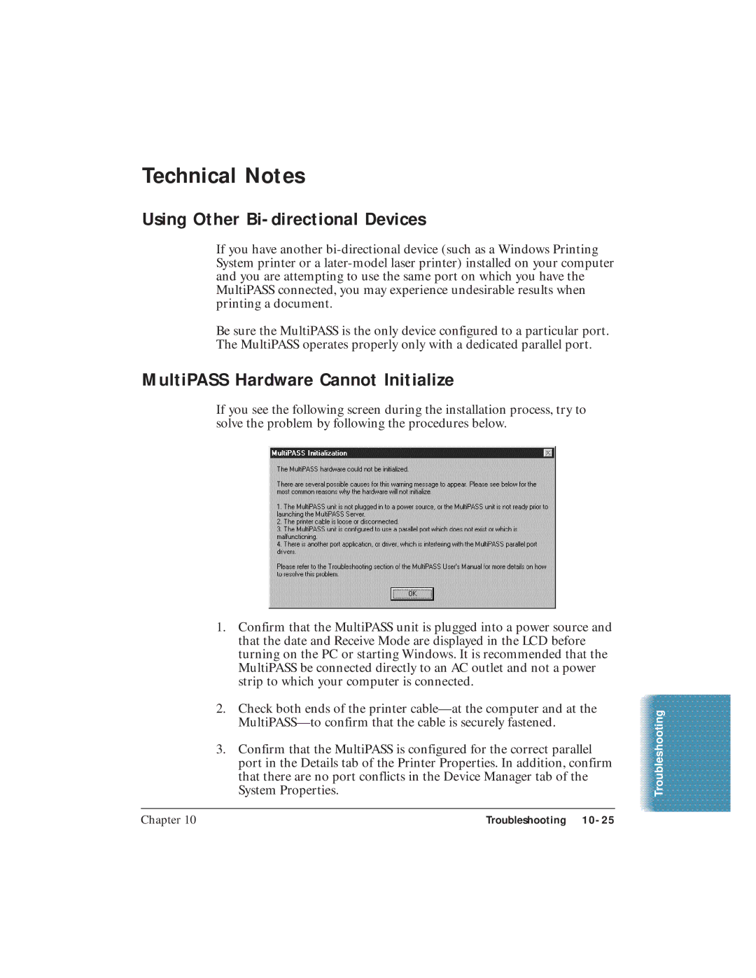 Canon C3500 user manual Technical Notes, Using Other Bi-directional Devices, MultiPASS Hardware Cannot Initialize 