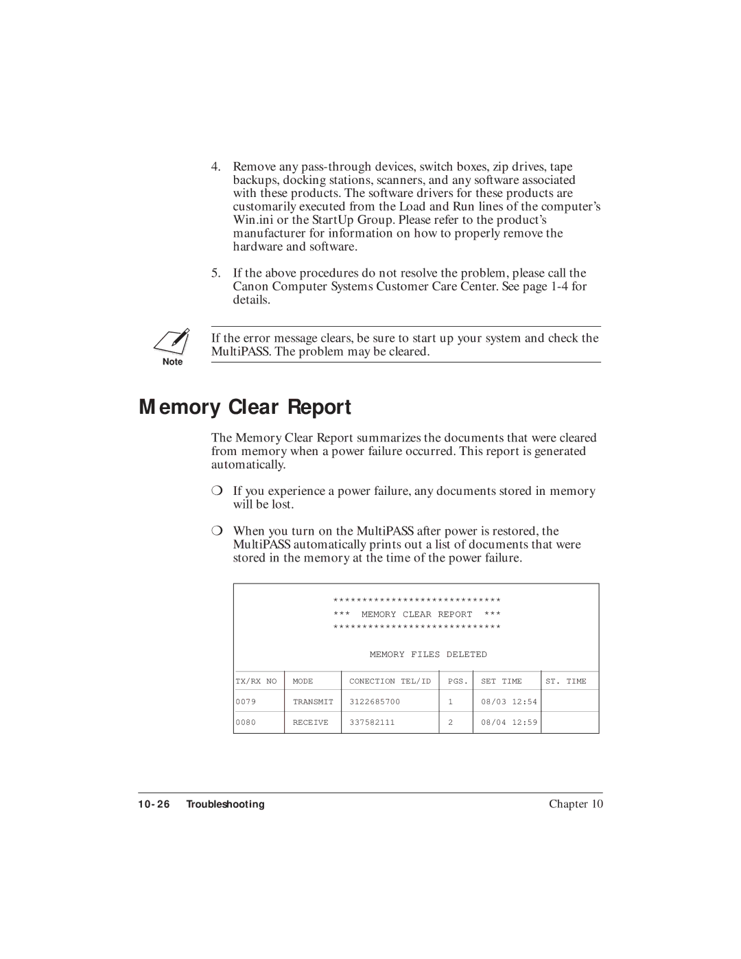 Canon C3500 user manual Memory Clear Report, Memory Files Deleted 