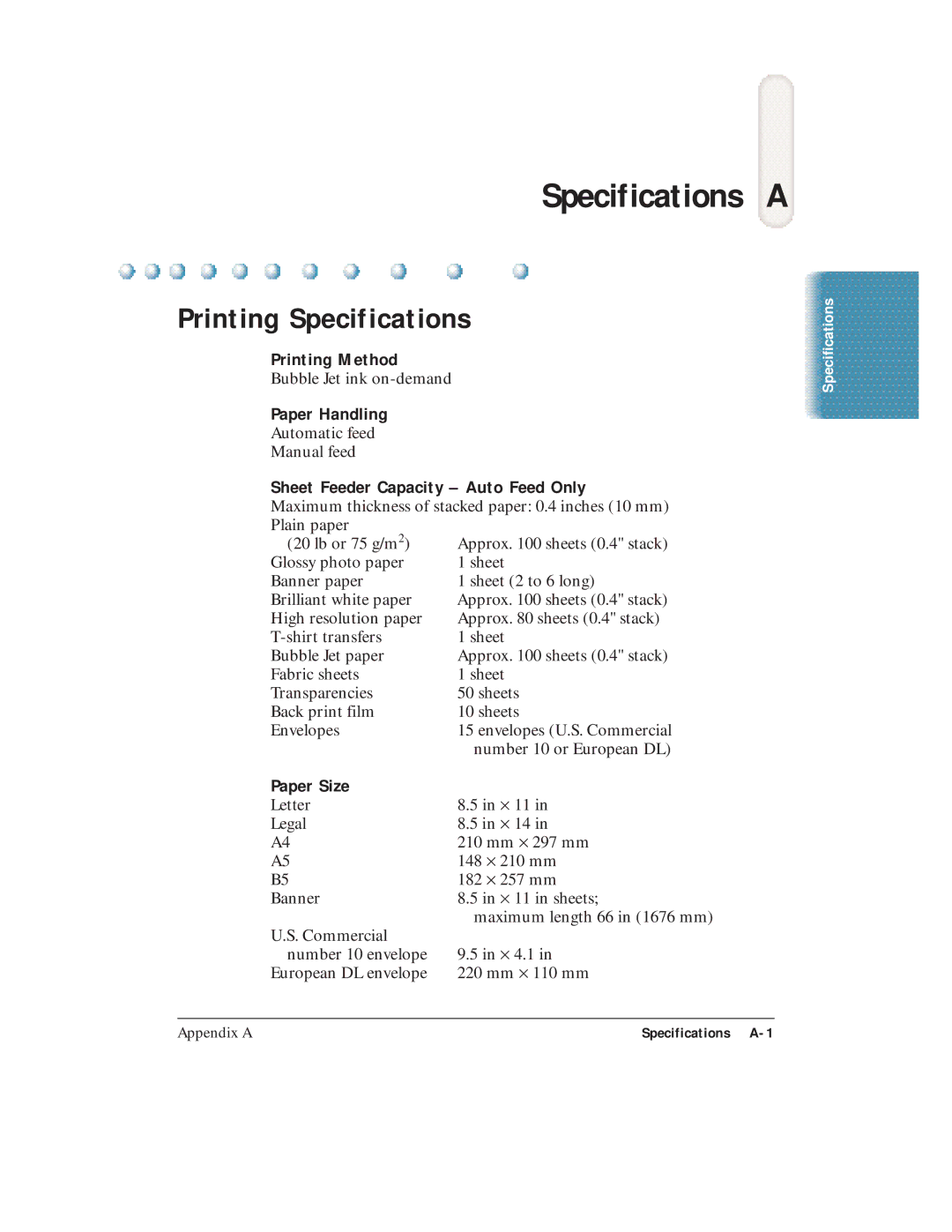 Canon C3500 user manual Specifications a, Printing Specifications 