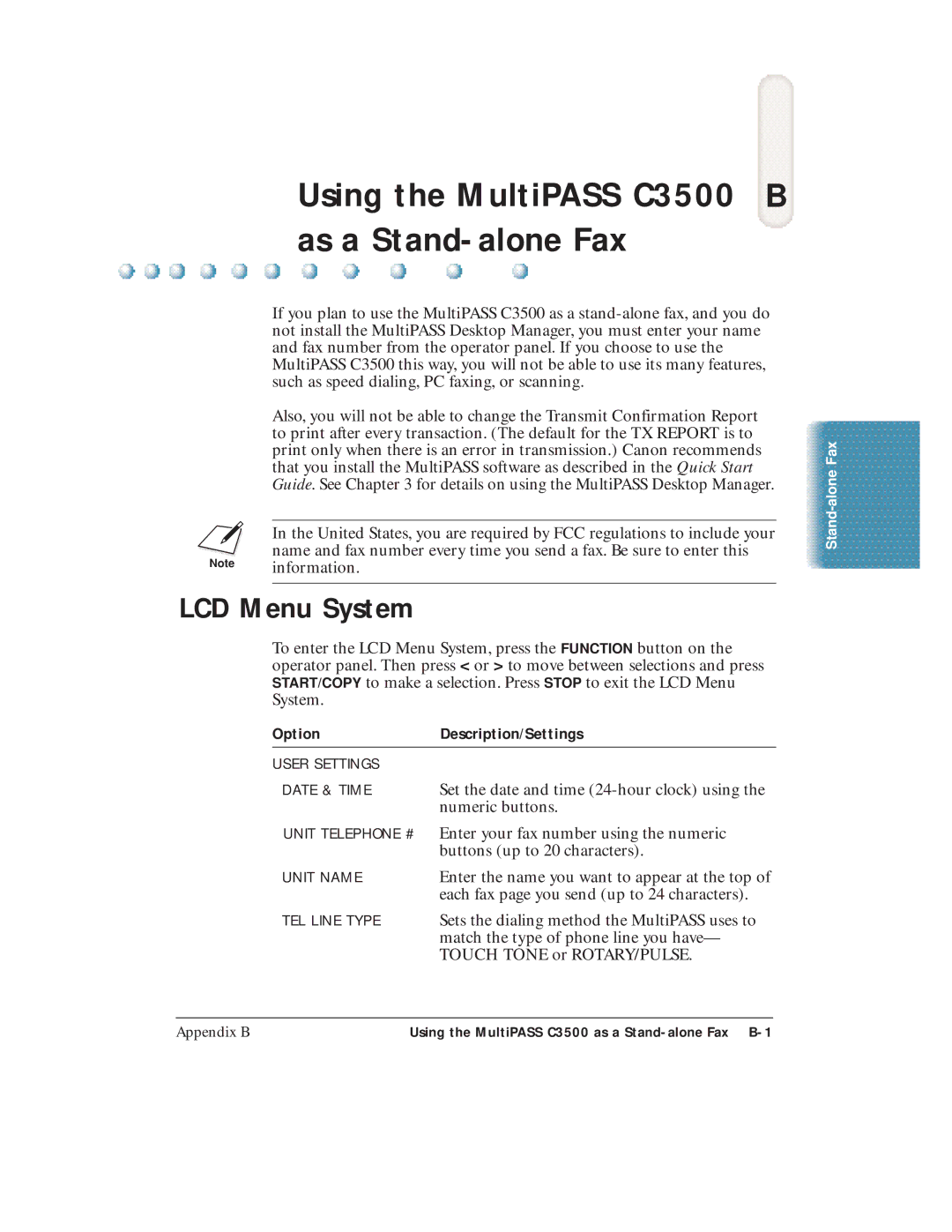 Canon C3500 user manual LCD Menu System, Option Description/Settings 