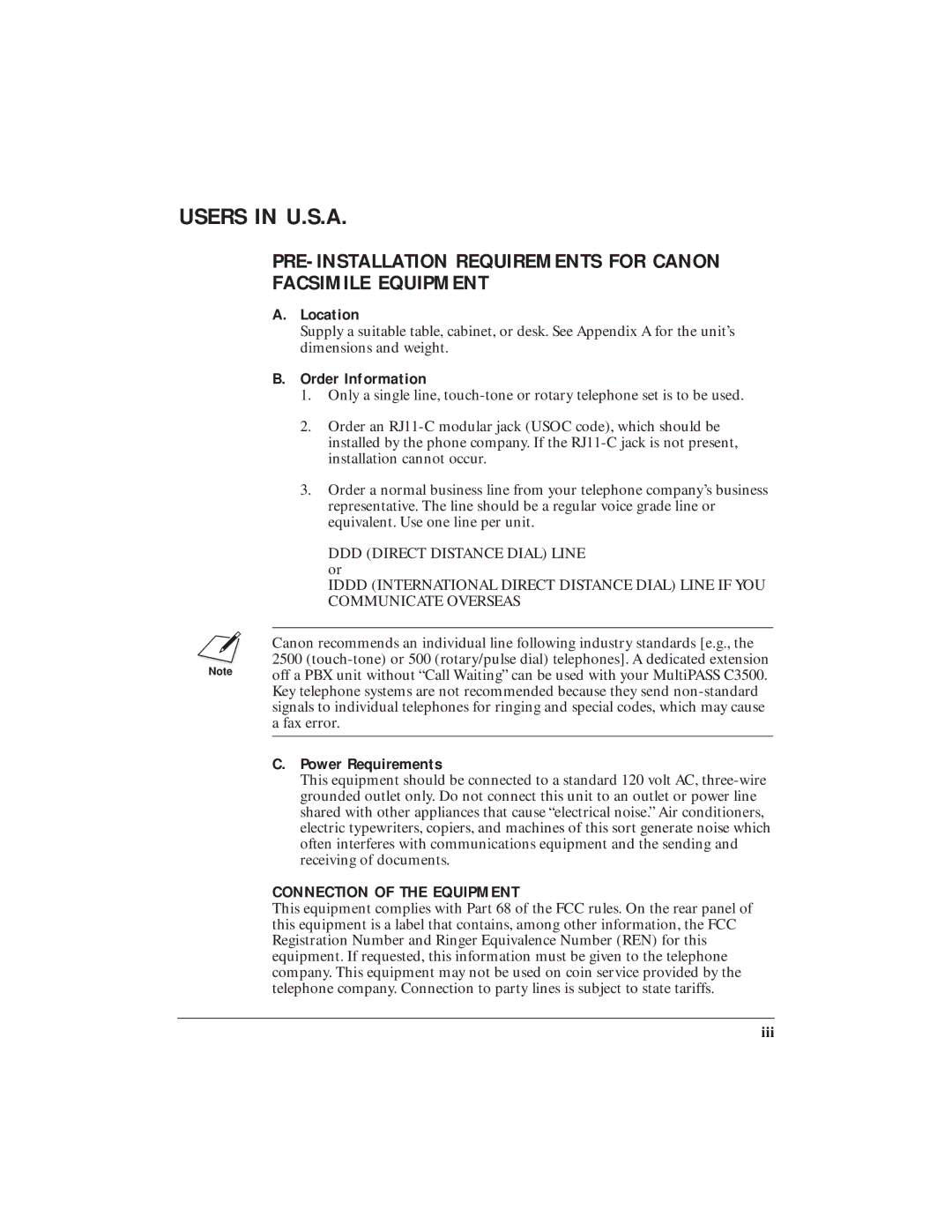 Canon C3500 user manual Location, Order Information, Power Requirements 