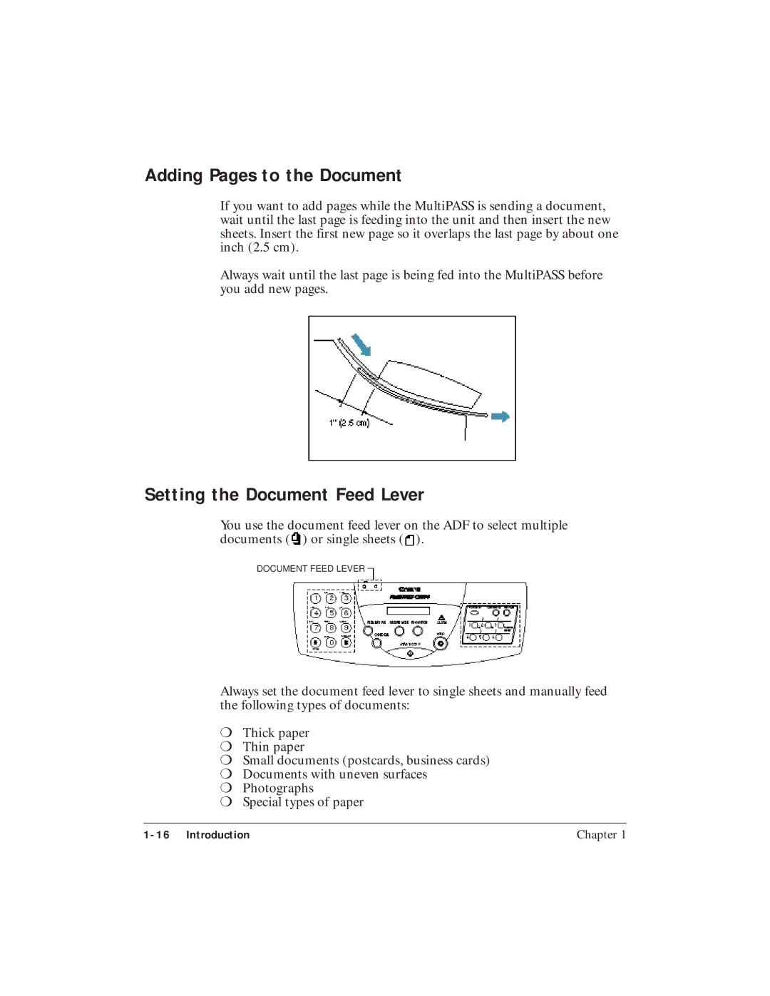 Canon C3500 user manual Adding Pages to the Document, Setting the Document Feed Lever 