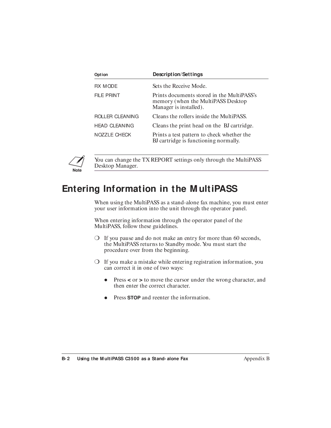 Canon C3500 user manual Entering Information in the MultiPASS, OptionDescription/Settings 