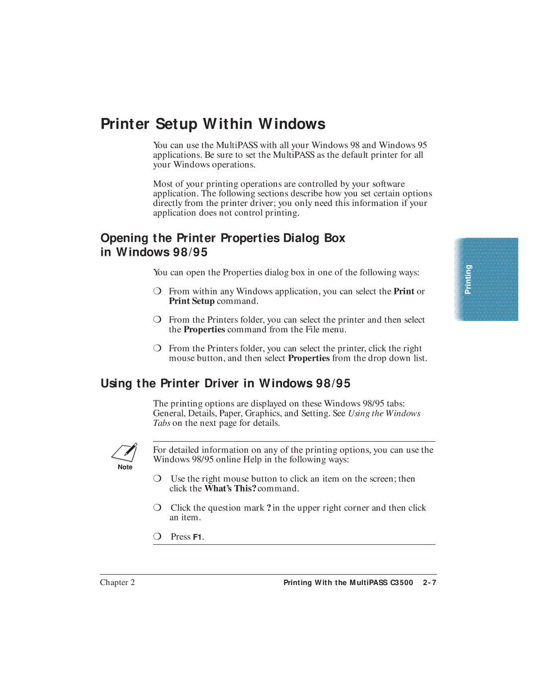 Canon C3500 user manual Printer Setup Within Windows, Opening the Printer Properties Dialog Box in Windows 98/95 