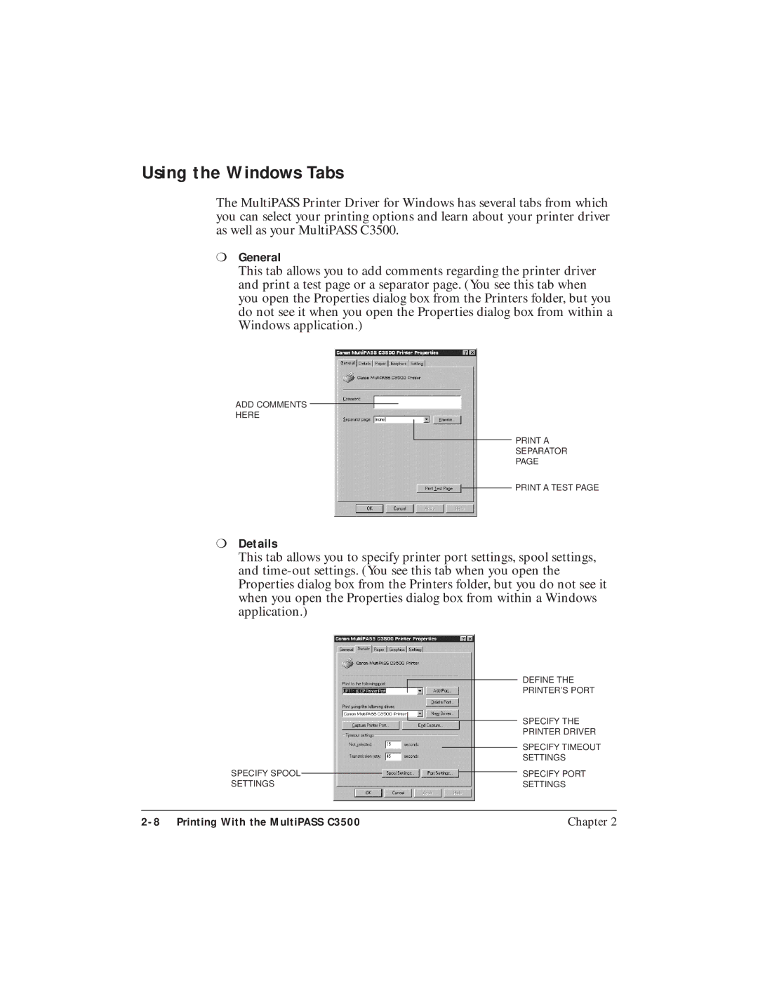 Canon C3500 user manual Using the Windows Tabs, General, Details 